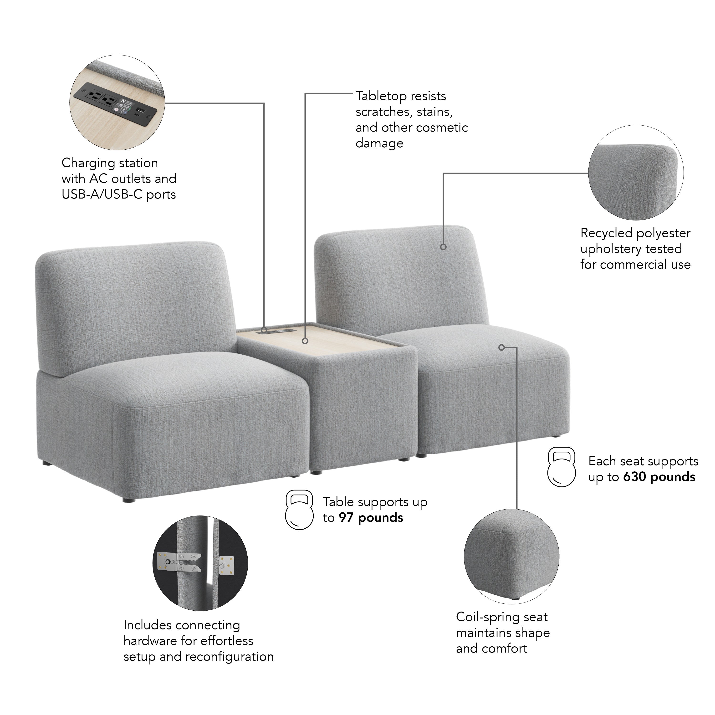 Bush Business Furniture Assemble Modular 2 Seater Sectional with Charging Station in Fog Fabric - 79.92" Width x 30.51" Depth x 29.92" Height