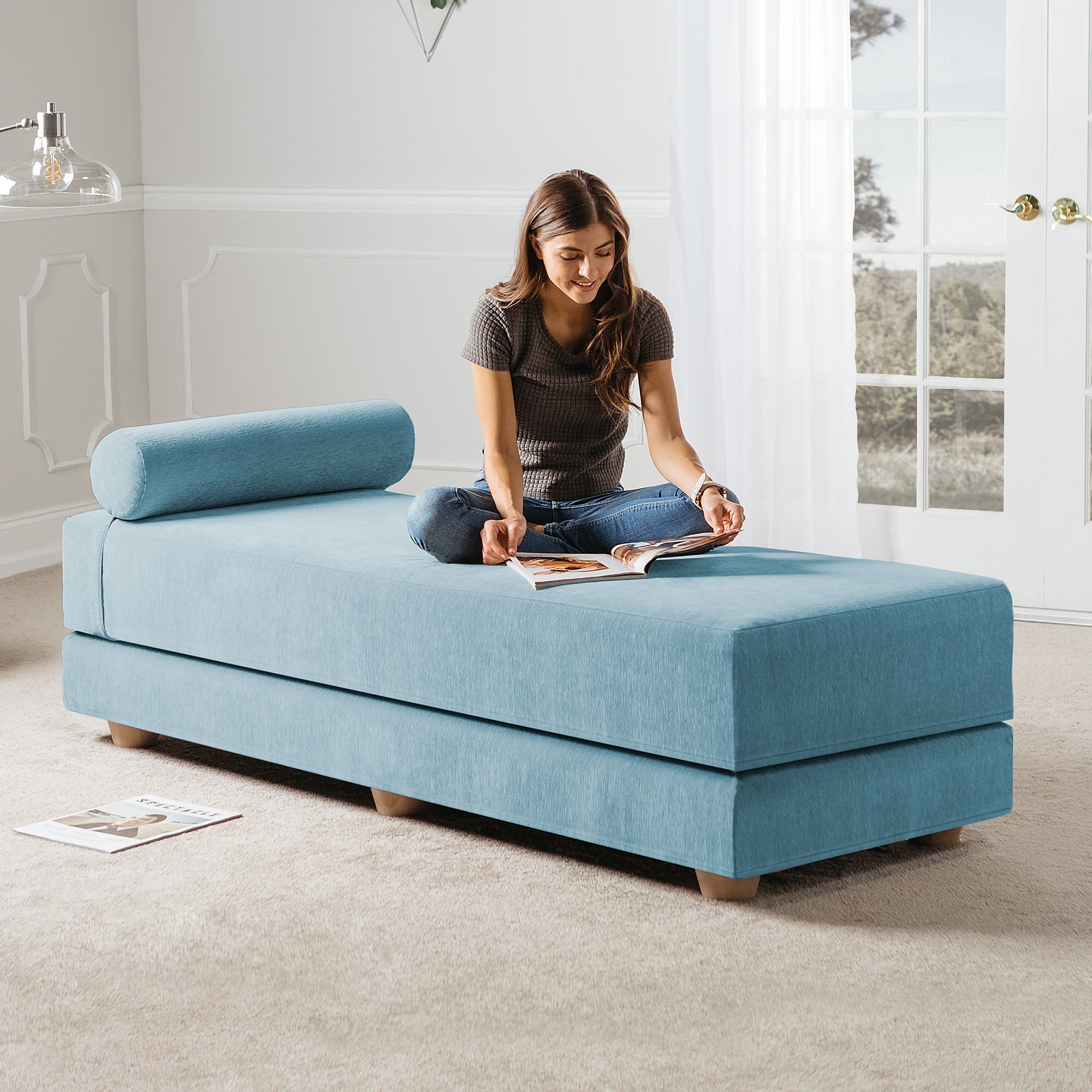 Jaxx Alon Daybed/Fold-Out Sleeper, Queen-Size Mattress - Premium Chenille, Turquoise