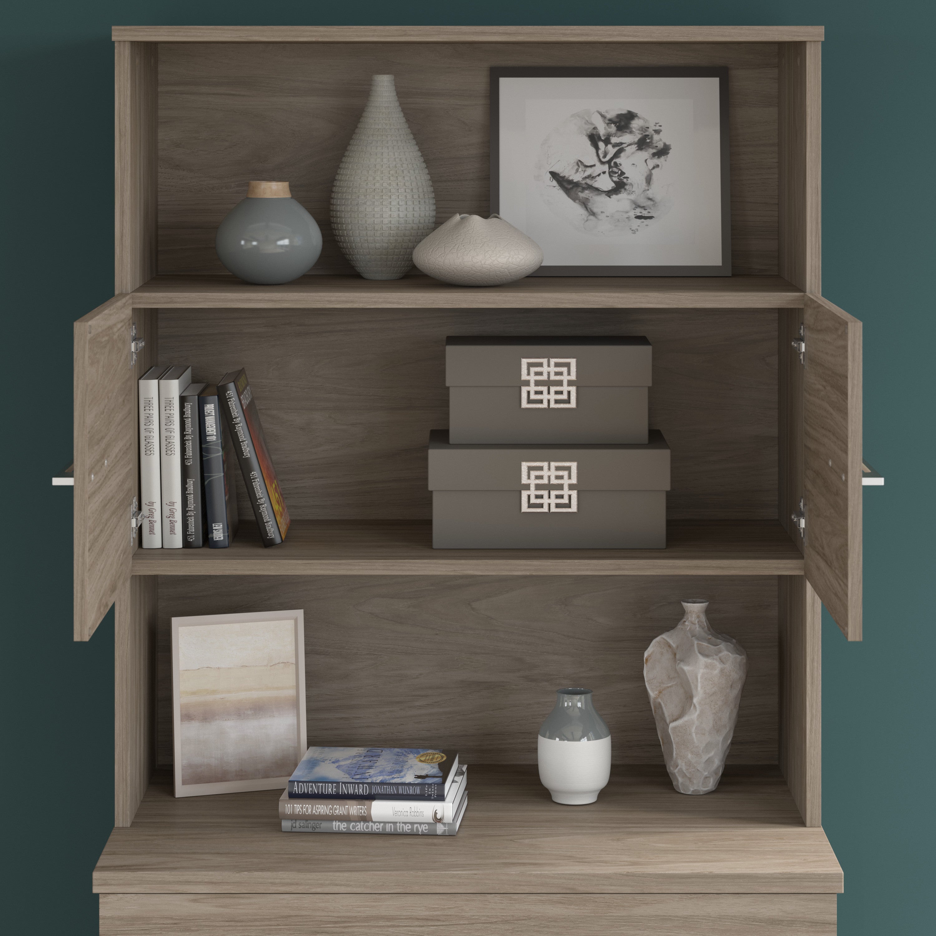 Bush Business Furniture Office 500 36W 2 Drawer Lateral File Cabinet with Hutch in Modern Hickory - 35.67" Width x 23.35" Depth x 70.09" Height