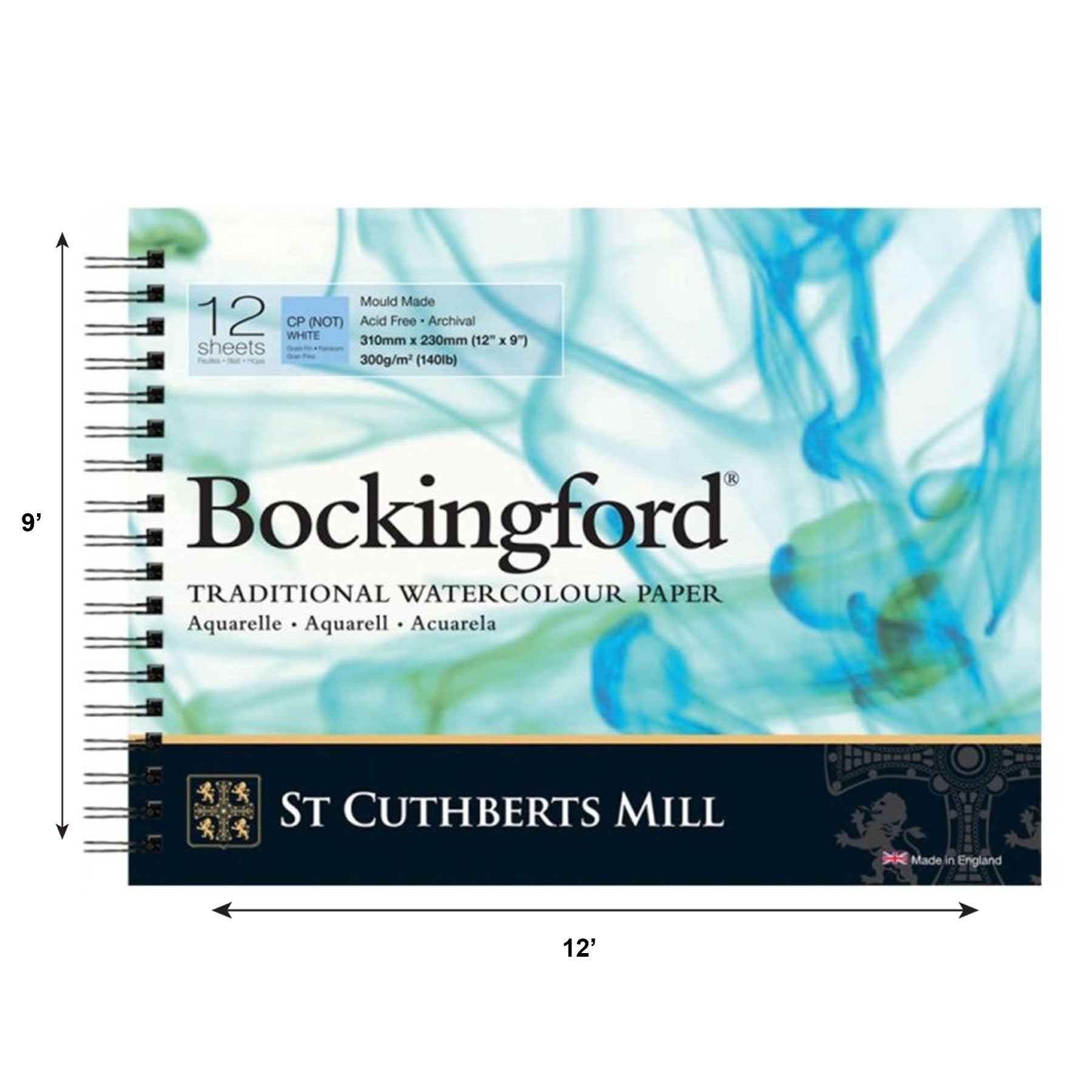Bockingford Watercolor Pad, Cold Pressed, Spiral Binding, 140lb/300gsm, 12 Sheet, 9x12 inch, 1 Count