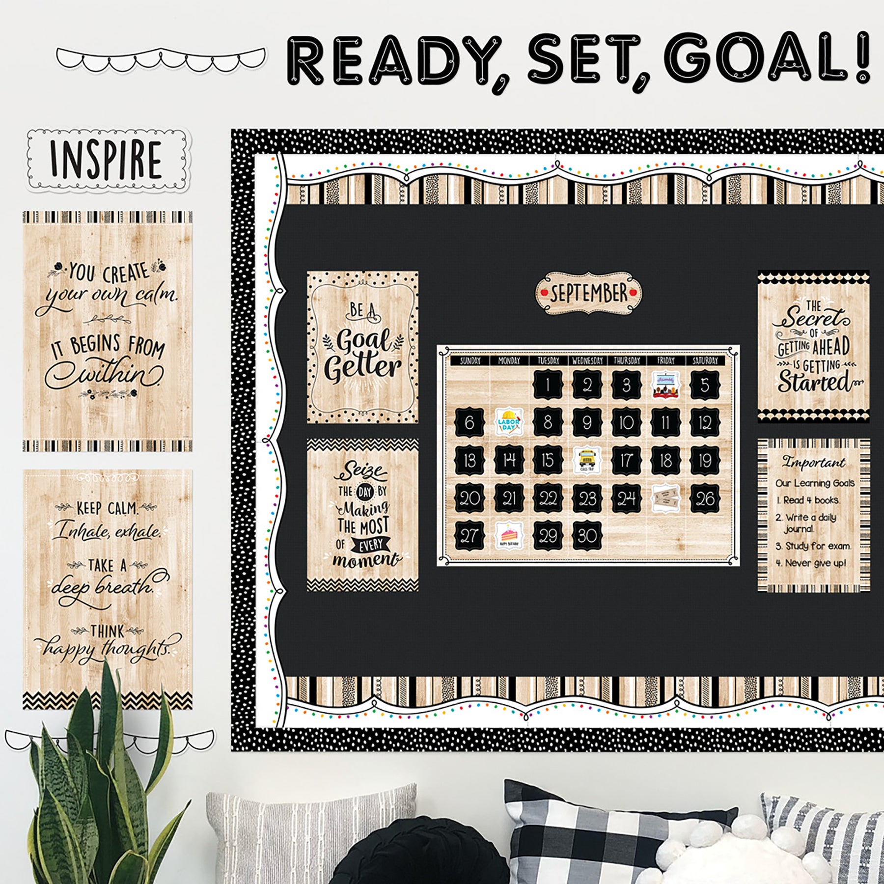 Black, White, and Wood Calendar Set Bulletin Board Set, 87 Pieces