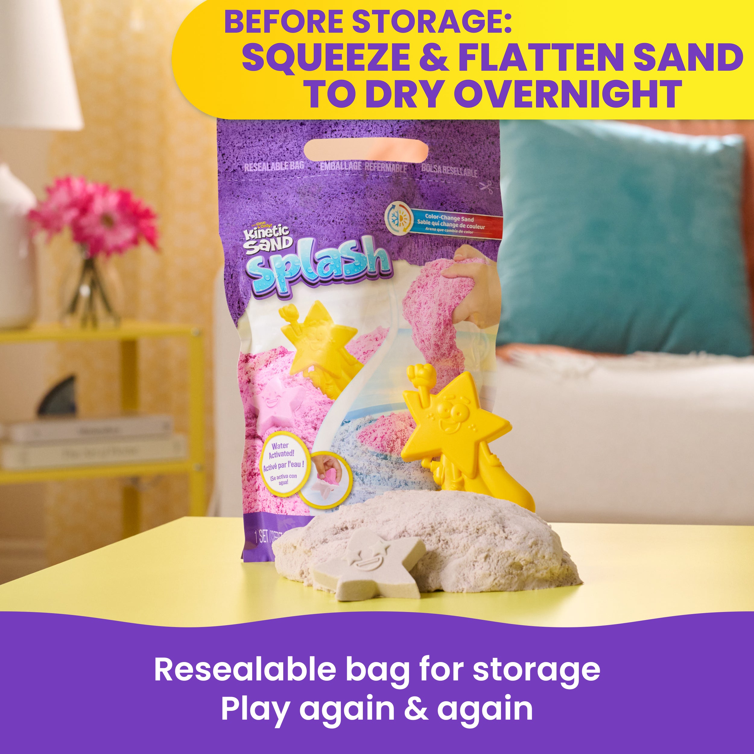 Kinetic Sand Splash, 1.5lb White-Pink Color-Change Play Sand & Character Mold, Resealable Bag, Toddler Toys, Kids Toys for Girls & Boys Ages 3 and up