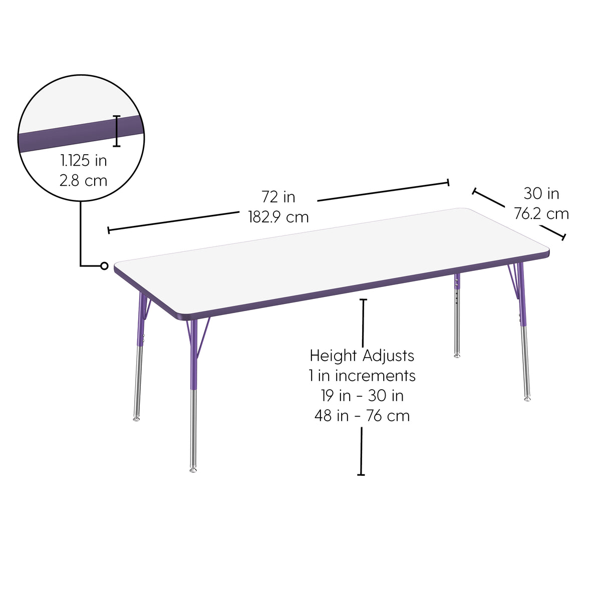 30" x 72" Rectangle Dry-Erase Activity Table with Adjustable Standard Swivel Glide Legs - Whiteboard/Eggplant/Purple