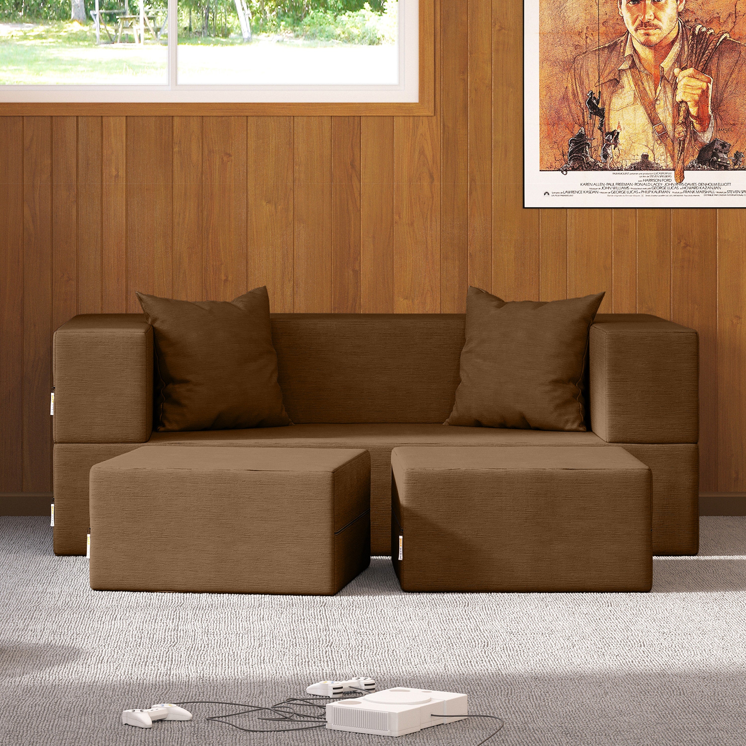 Jaxx Zipline Convertible Sleeper Loveseat & Ottomans, Textured Microvelvet - Toffee