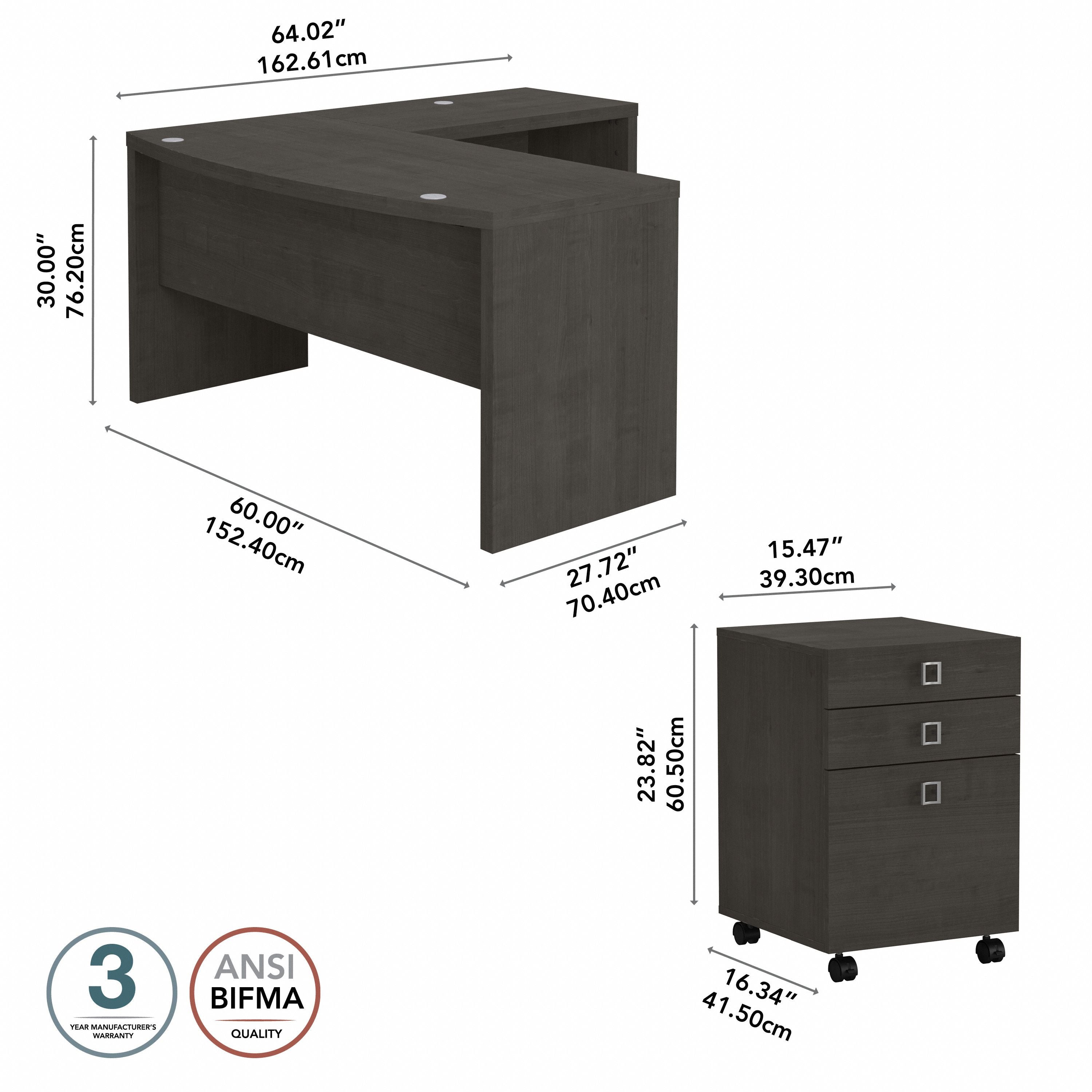 Bush Business Furniture Echo L Shaped Bow Front Desk with Mobile File Cabinet in Charcoal Maple - 60" Width x 64.02" Depth x 30" Height