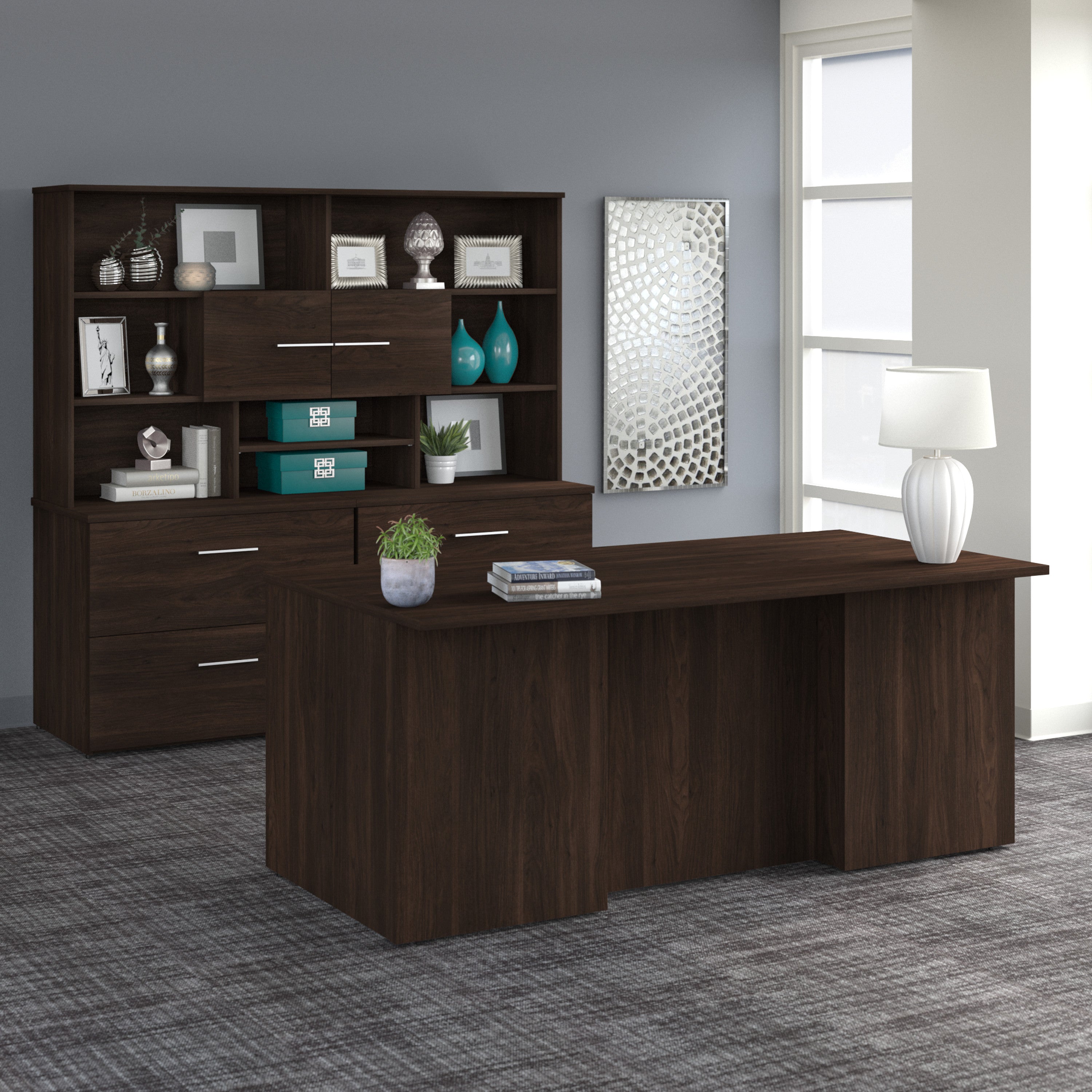 Bush Business Furniture Office 500 72W x 36D Executive Desk with Drawers, Lateral File Cabinets and Hutch in Black Walnut - 71.02" Width x 35.43" Depth x 70.09" Height