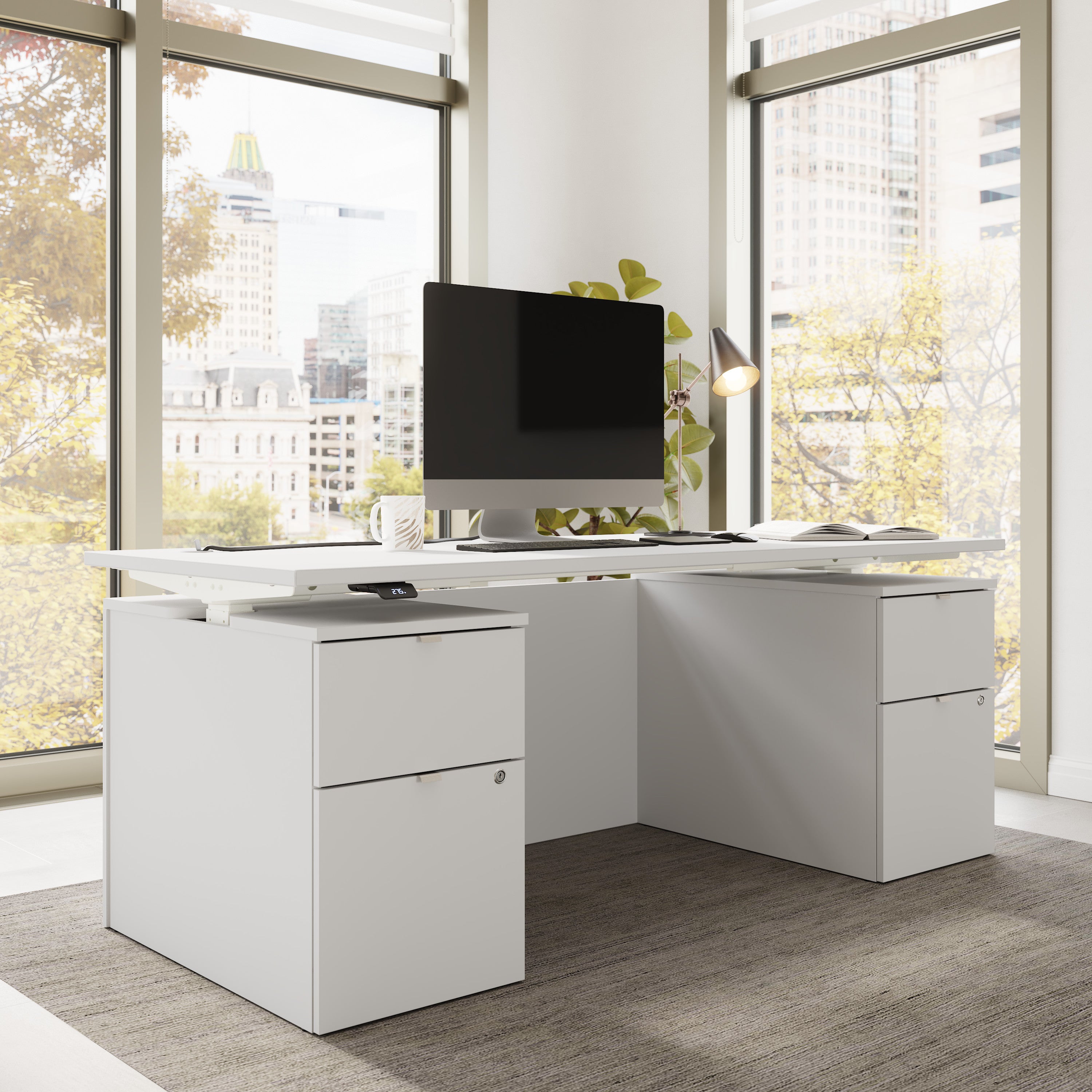 Bush Business Furniture Stratus&nbsp;72W x&nbsp;30D Electric Standing Desk with Drawers and Modesty Panel in White with White Base - 71.02" Width x 29.37" Depth x 27.44" Height