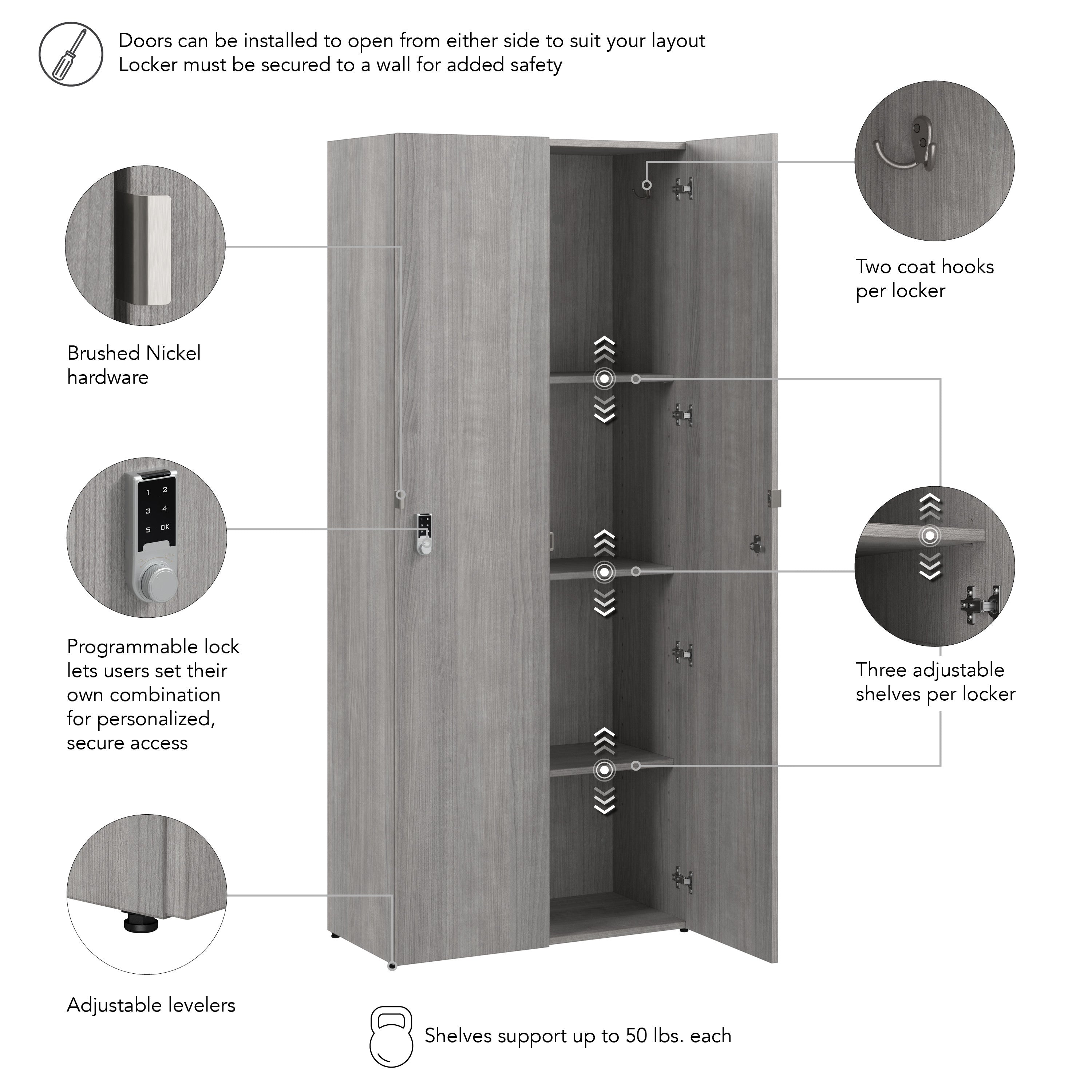 Bush Business Furniture Assure Single Tier 2 Door Storage Locker with Keypad Locks in Platinum Gray - 29.76" Width x 15.35" Depth x 72.15" Height