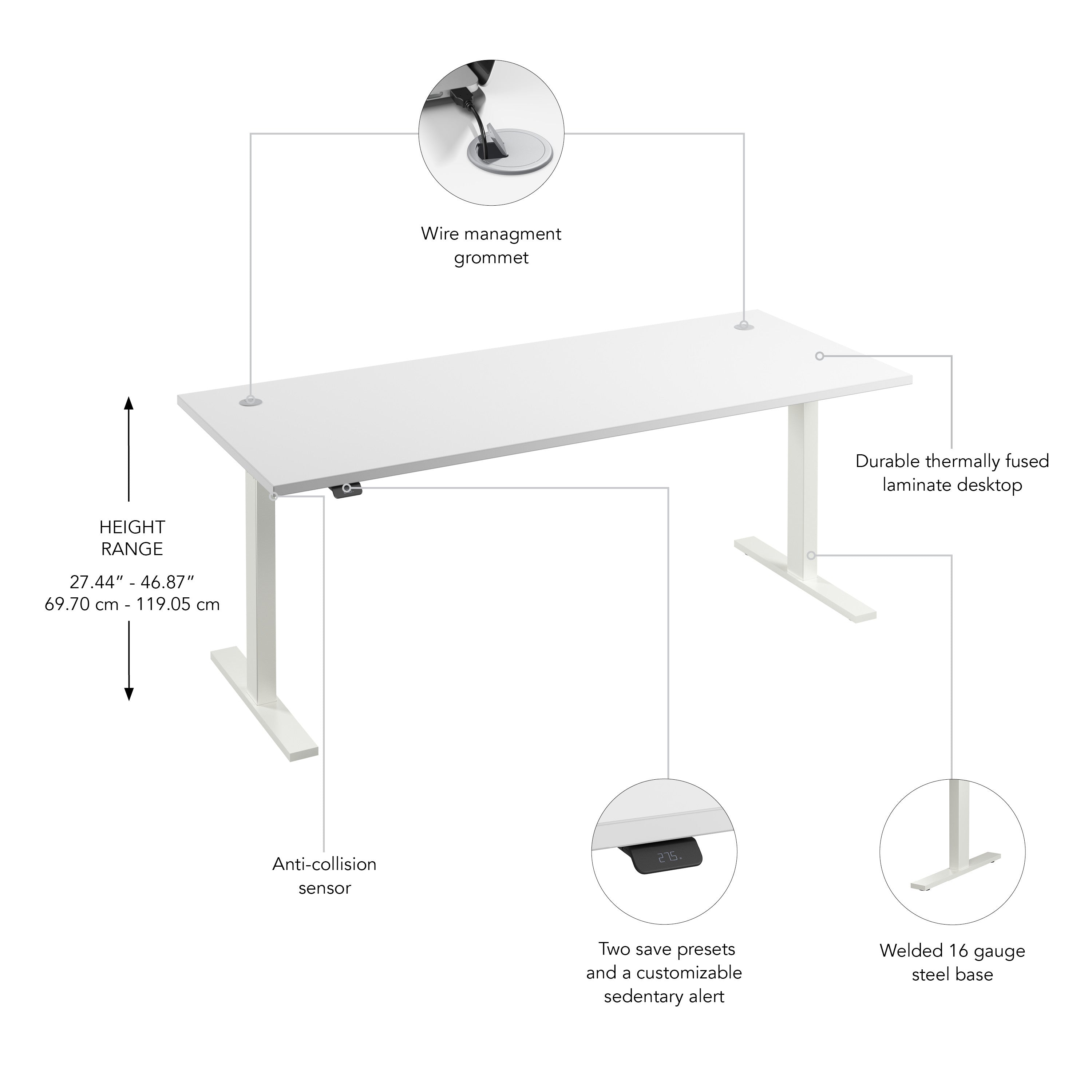 Bush Business Furniture Move 60 Series 72W x 30D Electric Height Adjustable Standing Desk in White with White Base - 71.02" Width x 29.37" Depth x 27.44" Height