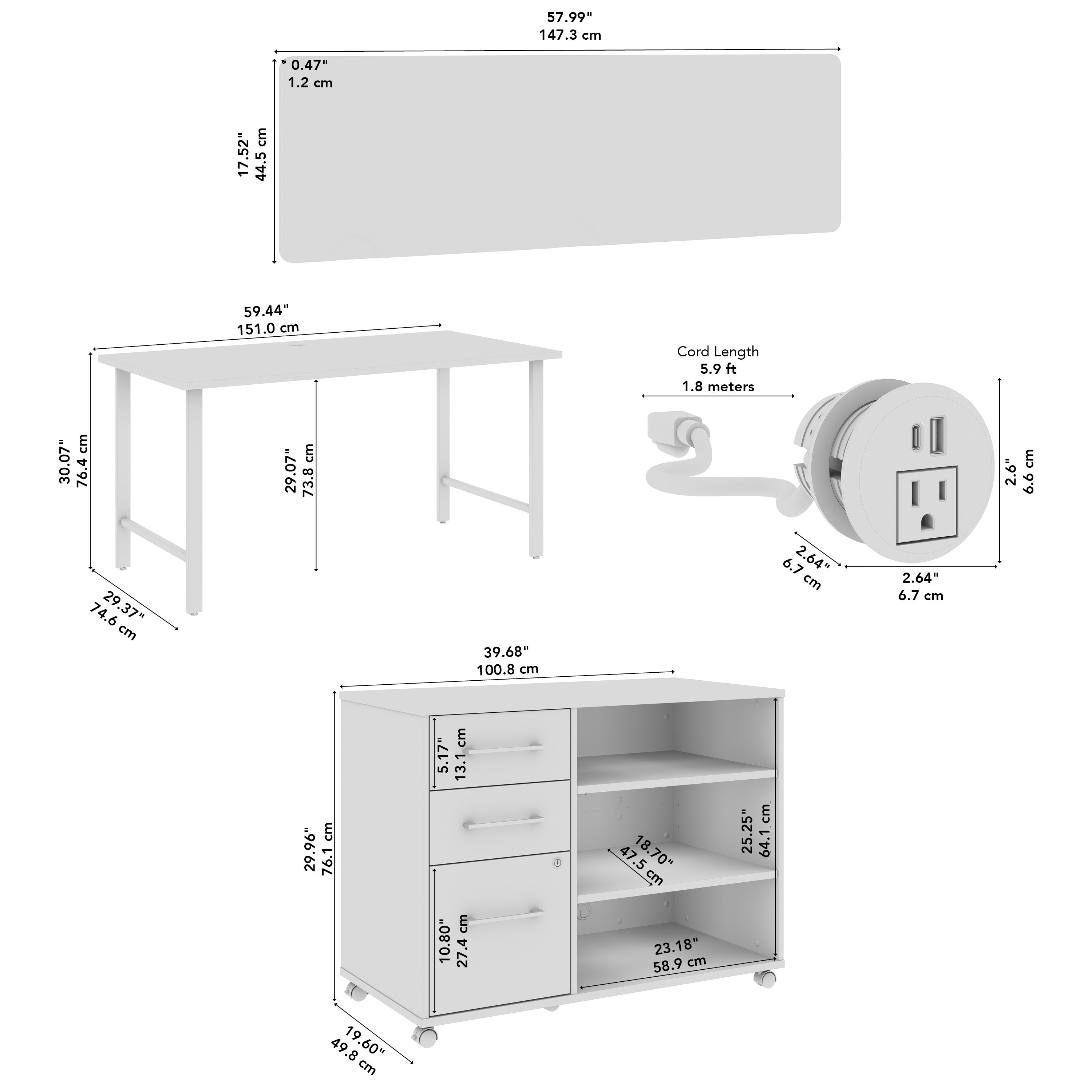 Bush Business Furniture Hustle 2 Person Computer Desk with Mobile Storage Cabinets, Power Grommets, and Privacy Screen in White - 59.44" Width x 29.37" Depth x 30.07" Height