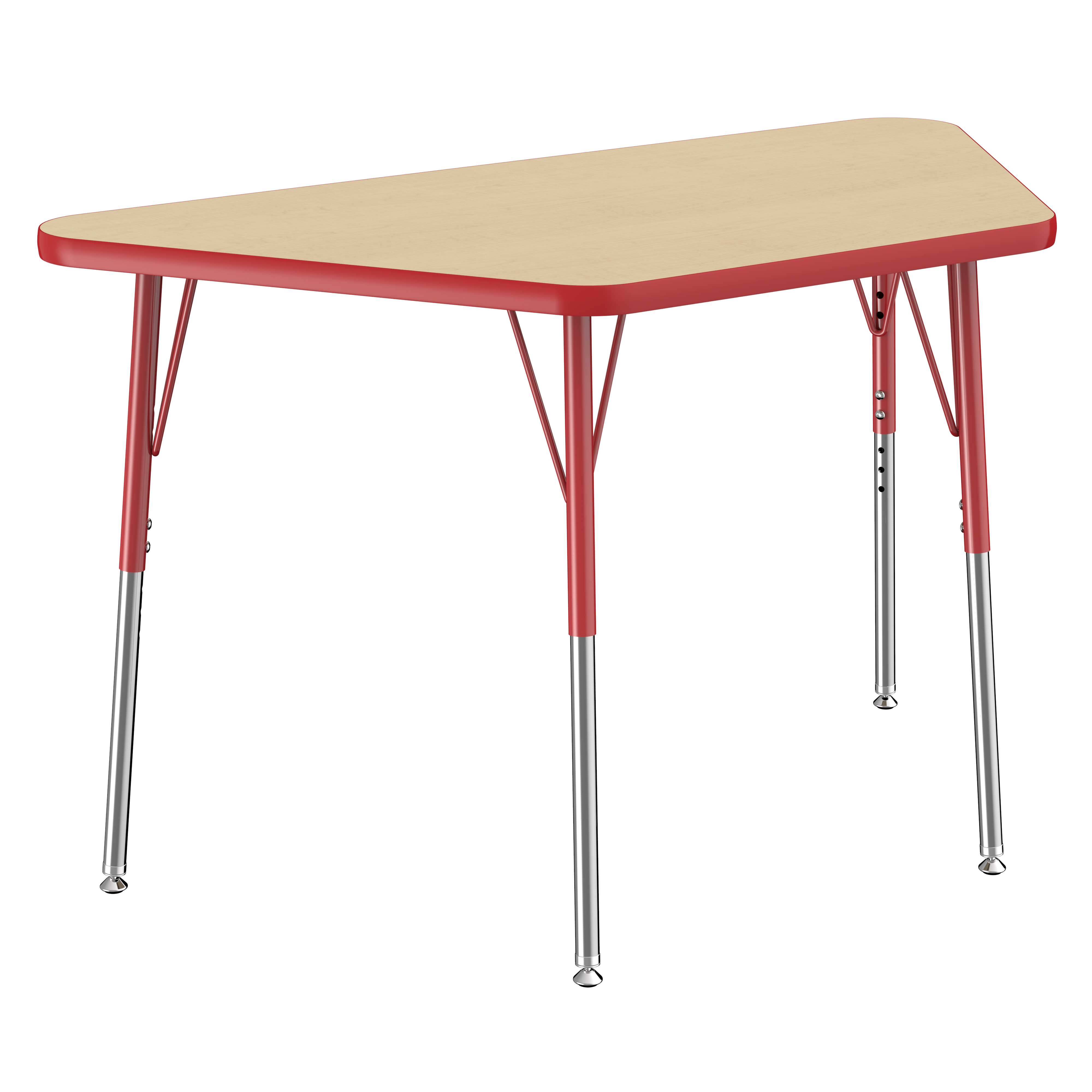 24" x 48" Trapezoid T-Molding Activity Table with Adjustable Standard Swivel Glide Legs - Maple/Red