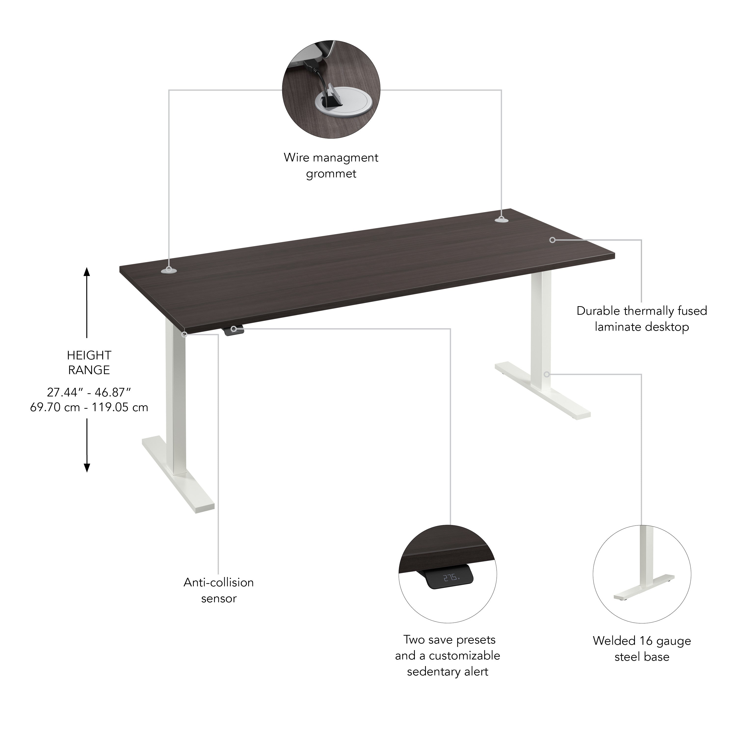 Bush Business Furniture Move 60 Series 72W x 30D Electric Height Adjustable Standing Desk in Storm Gray with White Base - 71.02" Width x 29.37" Depth x 27.44" Height