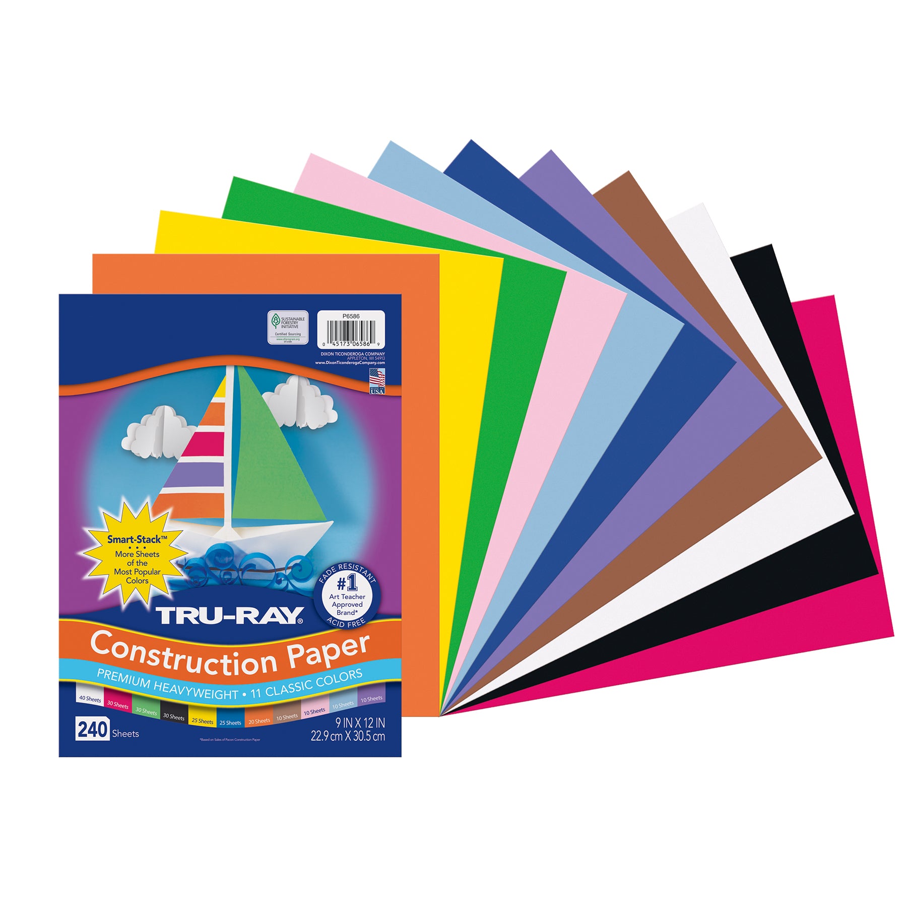 Construction Paper Smart-Stack, Heavyweight, 11 Classic Colors, 9" x 12", 240 Sheets