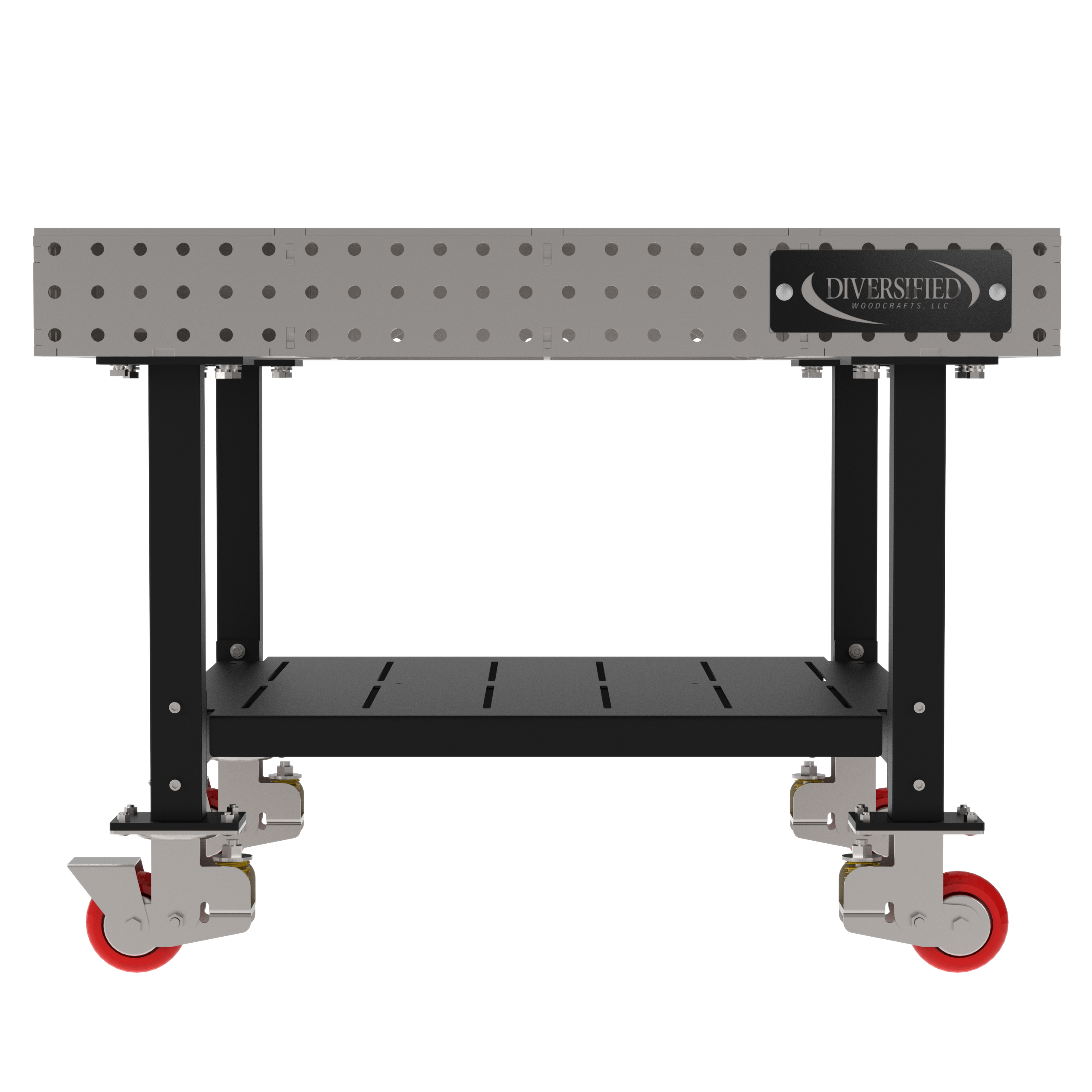 Welding Fixture Table, Fixed Height, 36"H x 48"L x 48"D, 1/4" Carbon Steel Top, Four Black Powdercoat Legs, Shelf, 4 Heavy Duty Suspension Casters (2 Locking/Swiveling Casters and 2 Non-Locking/Non-SwivelingCasters)