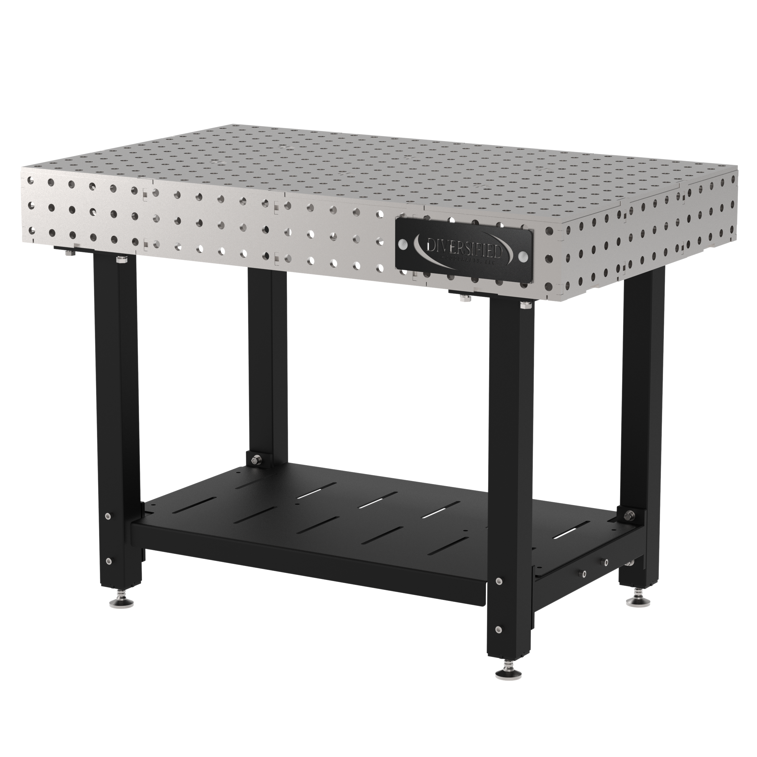 Welding Fixture Table, Fixed Height, 36"H x 48"L x 30"D, 1/4" Carbon Steel Top, Four Black Powdercoat Legs, Shelf, Self-Leveling Feet