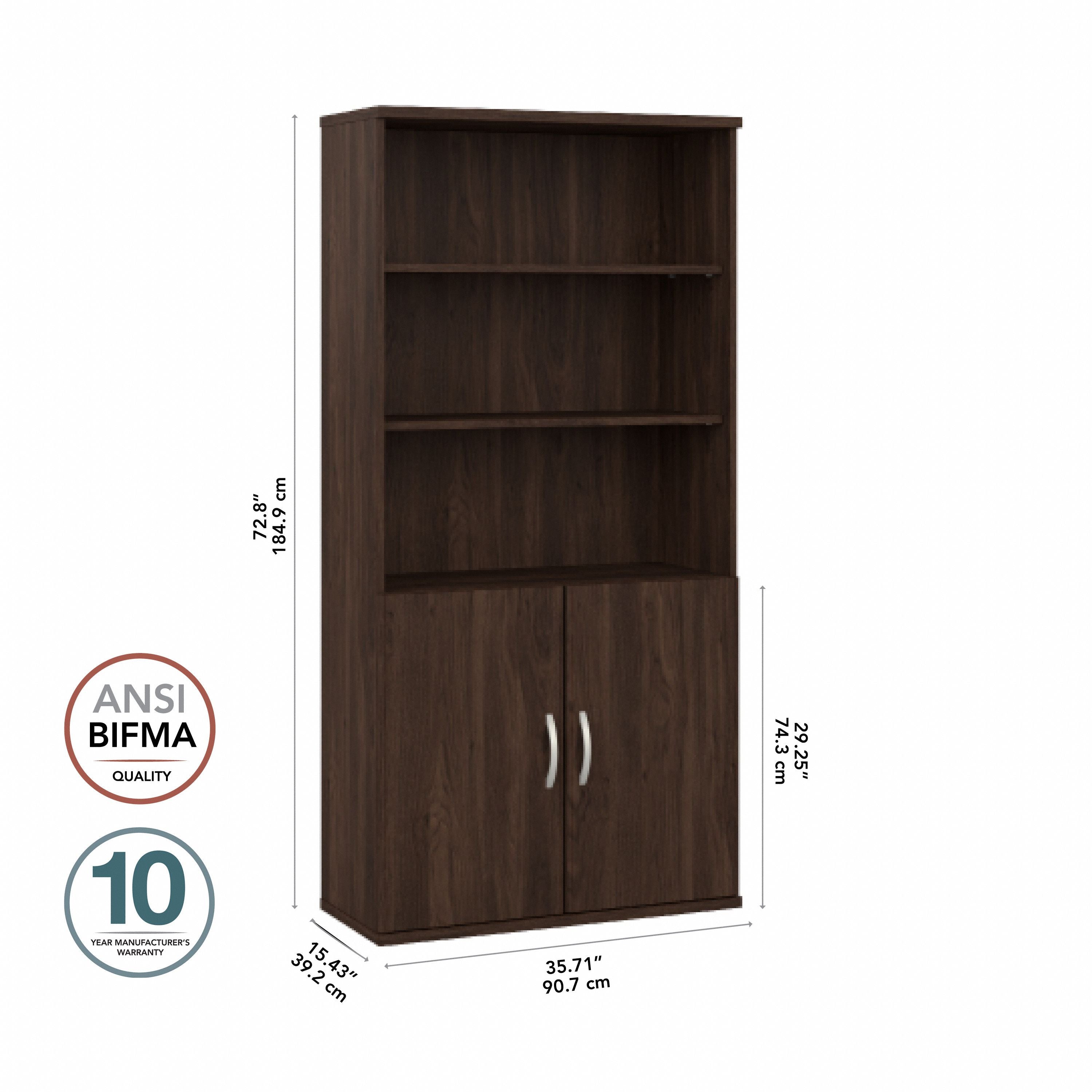 Bush Business Furniture Studio C Tall 5 Shelf Bookcase with Doors in Black Walnut - 35.71" Width x 15.43" Depth x 72.8" Height