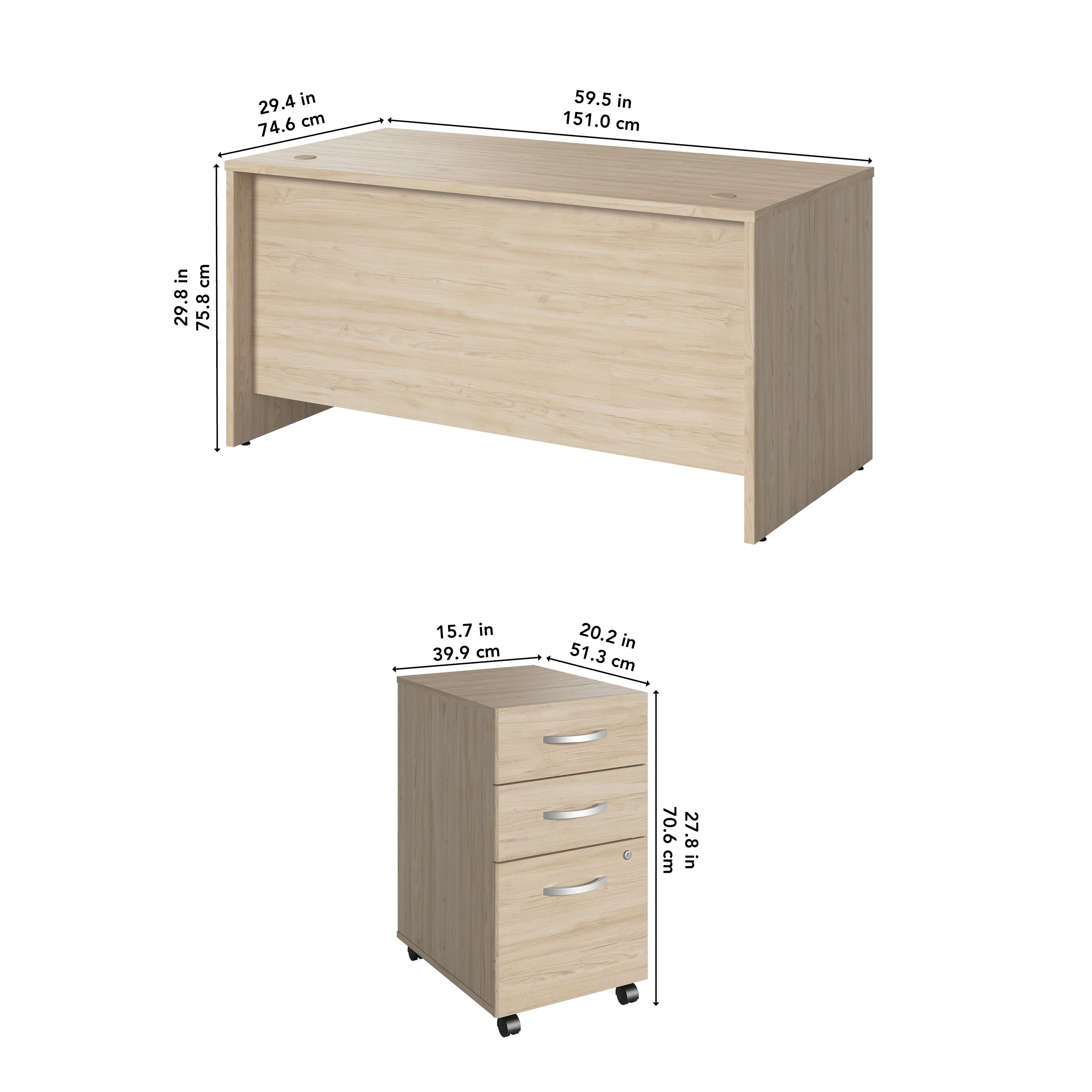 Bush Business Furniture Studio C 60W x 30D Office Desk with Mobile File Cabinet in Natural Elm - 59.45" Width x 29.37" Depth x 29.84" Height