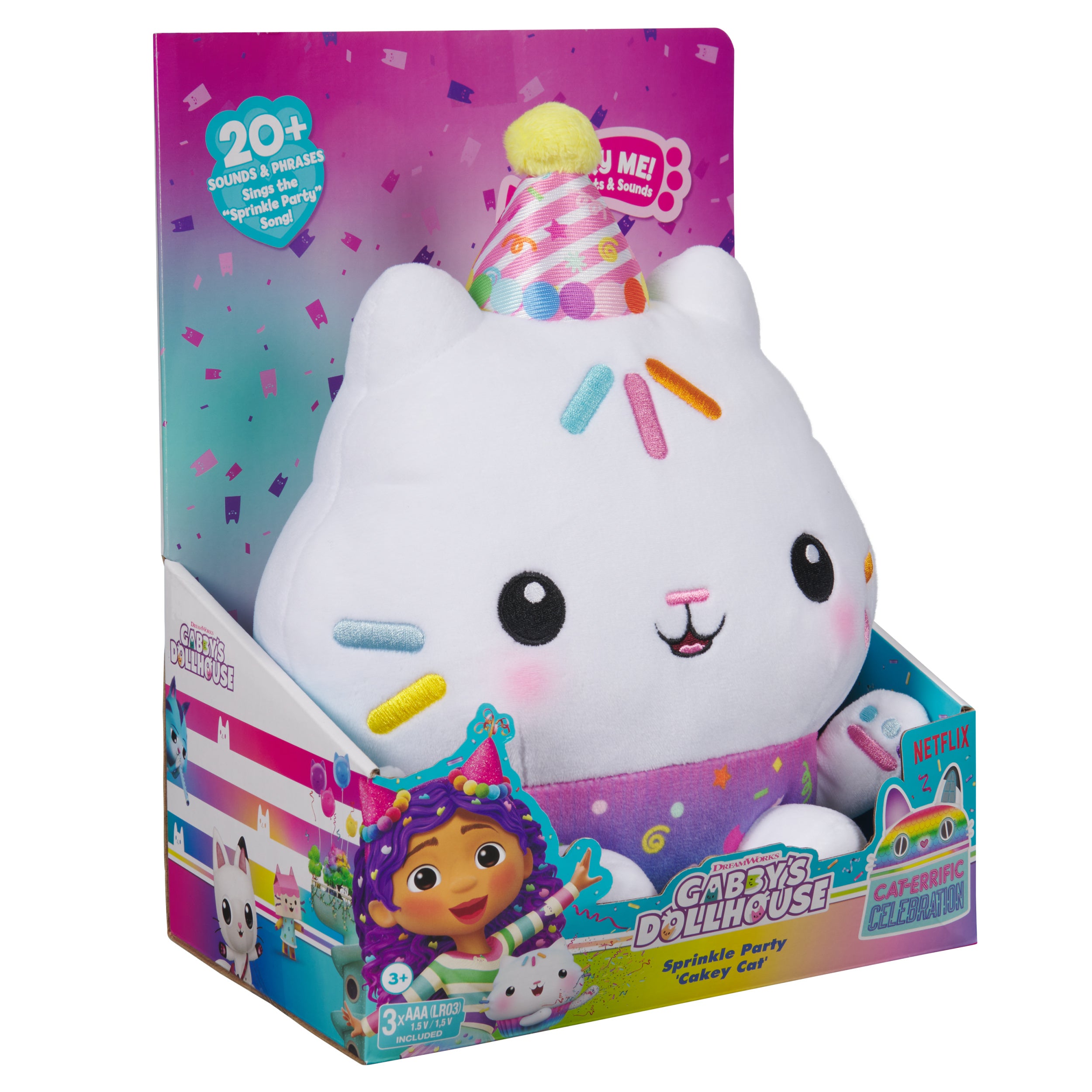 Gabby’s Dollhouse Celebrations, Sprinkle Party Cakey Cat Plush, 10-Inch Interactive Stuffed Animal with Sounds, Kids Toys for Girls & Boys Ages 3+
