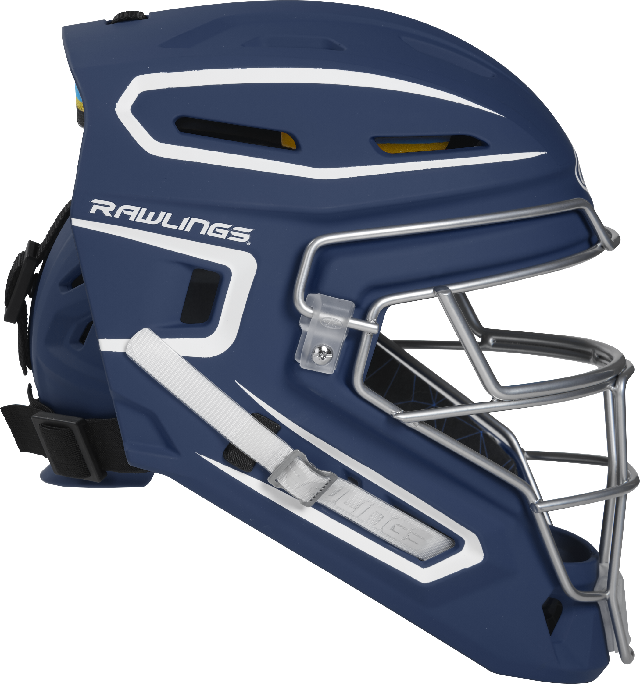 Rawlings Mach Matte 2-Tone Hockey Style Senior Catchers Helmet - Navy/White