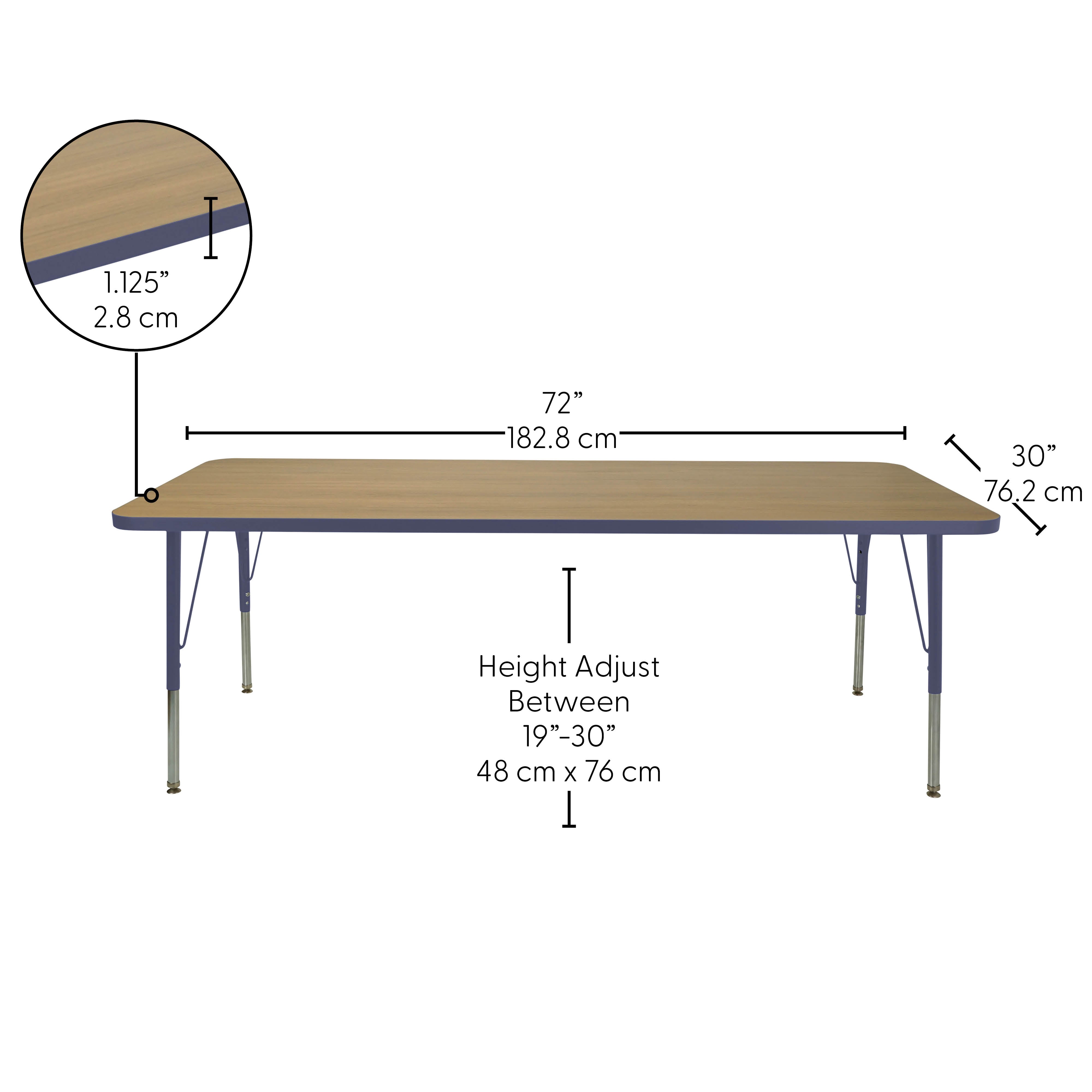 30" x 72" Rectangle Thermofused Activity Table with Adjustable Standard Swivel Glide Legs - Pasadena Oak/Navy