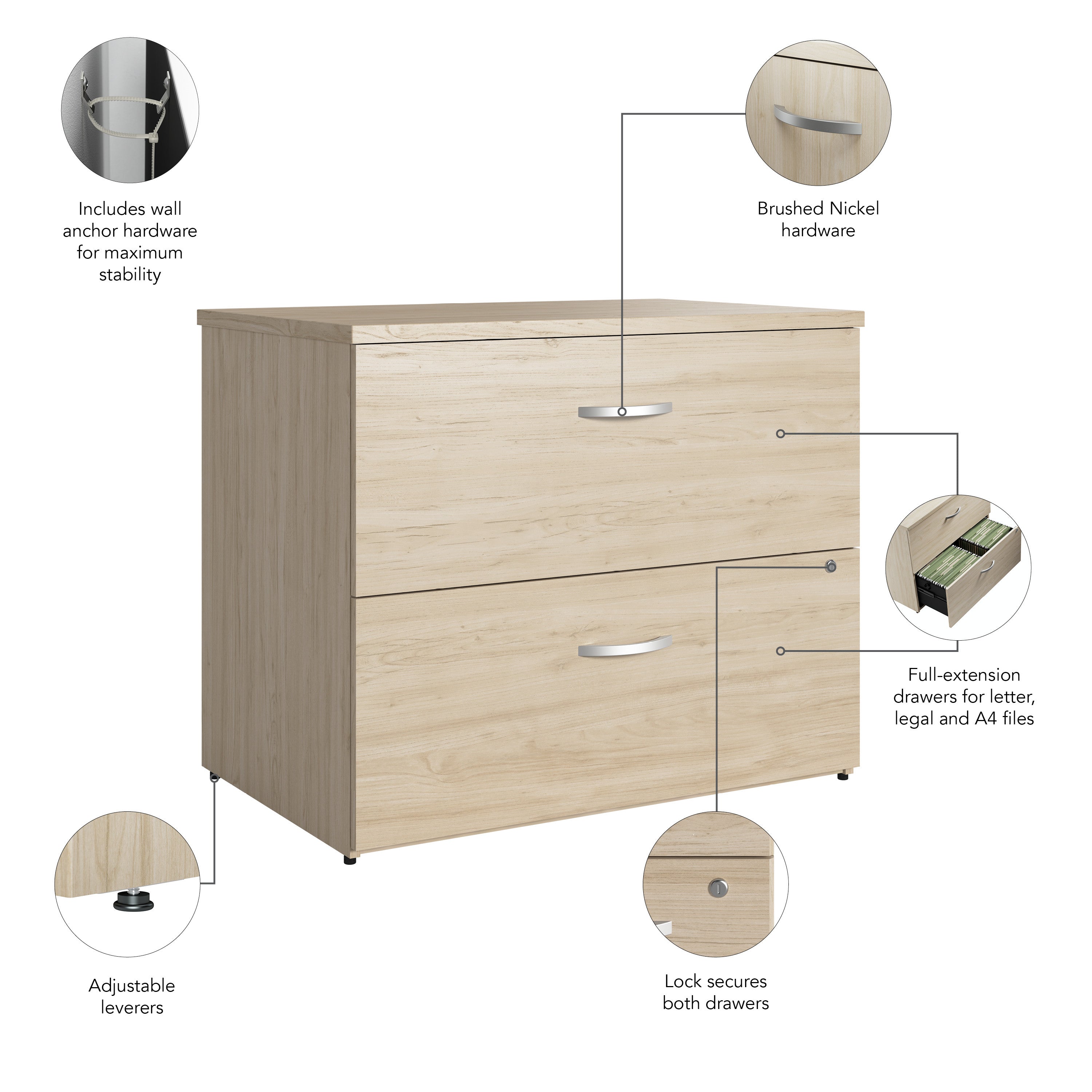 Bush Business Furniture Studio C 2 Drawer Lateral File Cabinet in Natural Elm - Assembled - 35.67" Width x 23.35" Depth x 29.84" Height