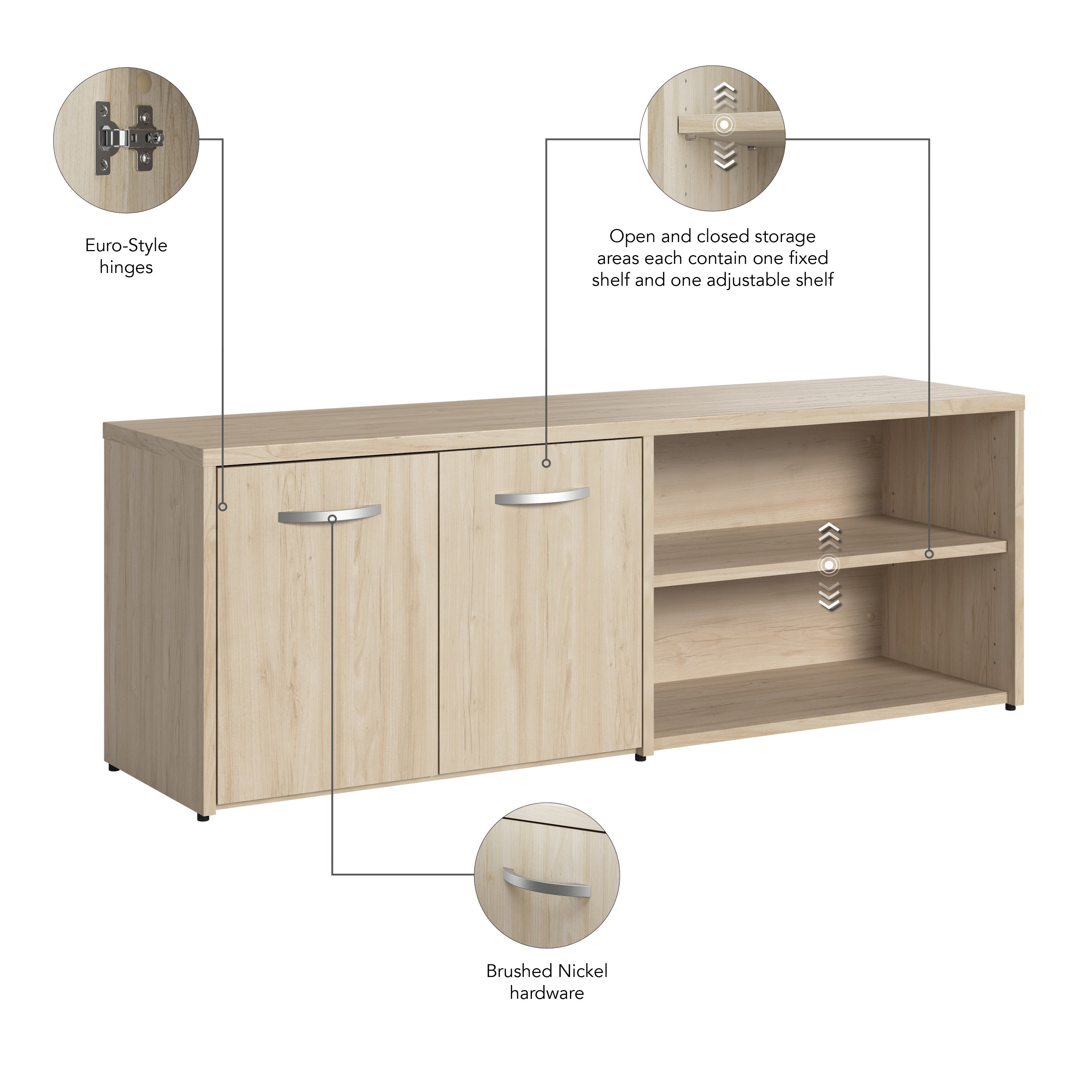 Bush Business Furniture Studio C Low Storage Cabinet with Doors and Shelves in Natural Elm - 59.17" Width x 15.71" Depth x 21.2" Height