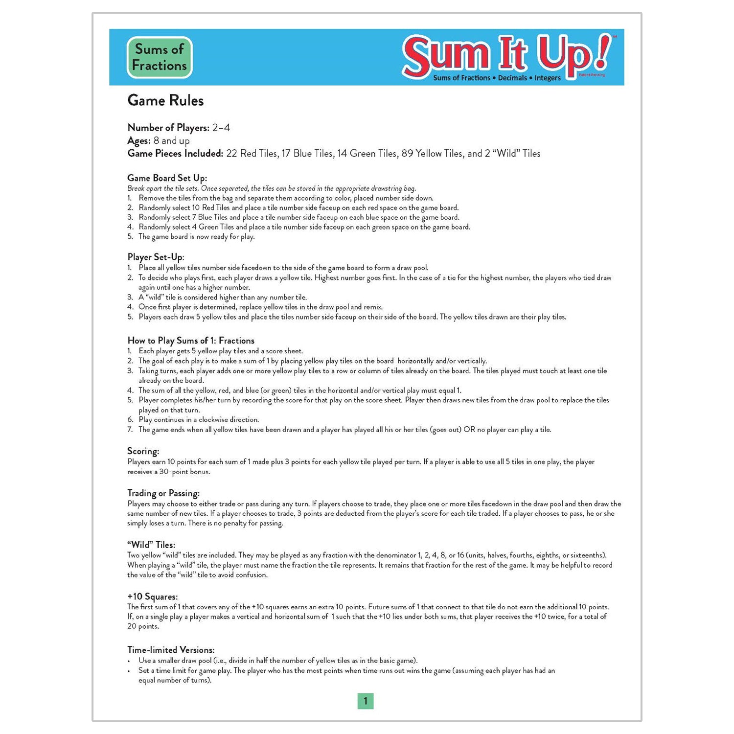 Sum It Up! Fractions, Decimals, Integers