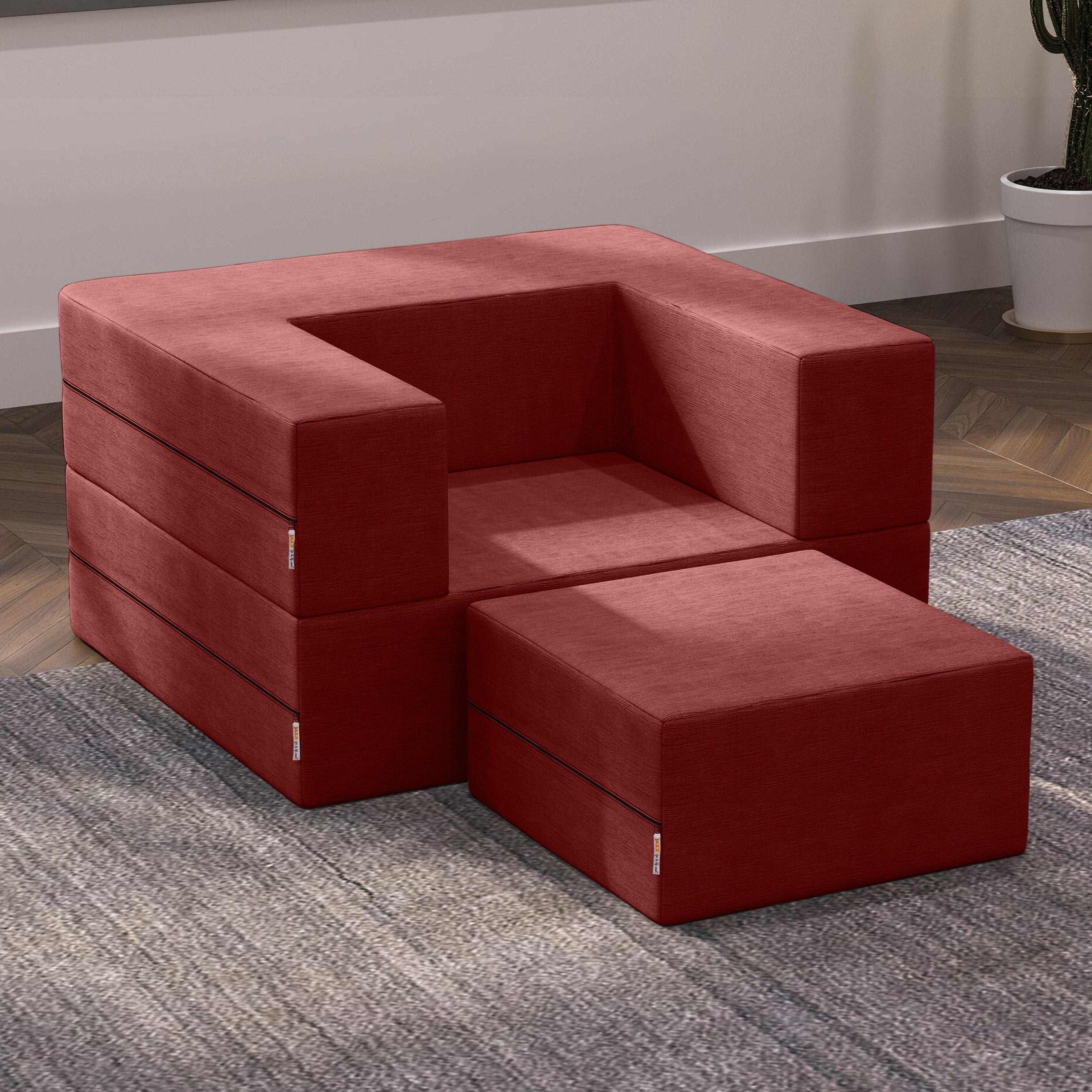 Jaxx Zipline Convertible Sleeper Futon Chair & Ottoman with Machine-Washable Cover, Berry Red