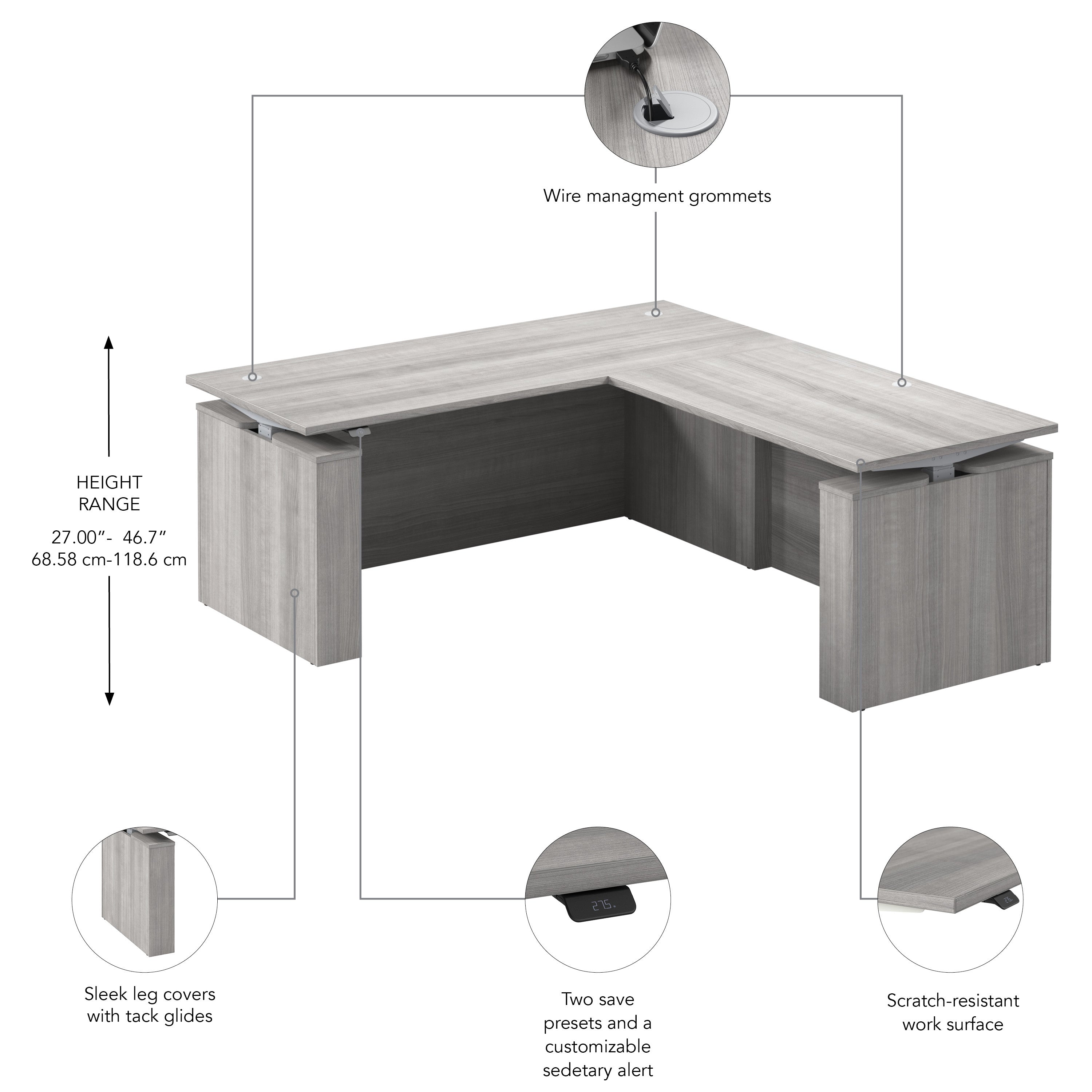 Bush Business Furniture Stratus&nbsp;72W x&nbsp;78D Electric Height Adjustable L Shaped Standing Desk in Platinum Gray with Metallic Gray Base - 71.02" Width x 76.97" Depth x 27.44" Height