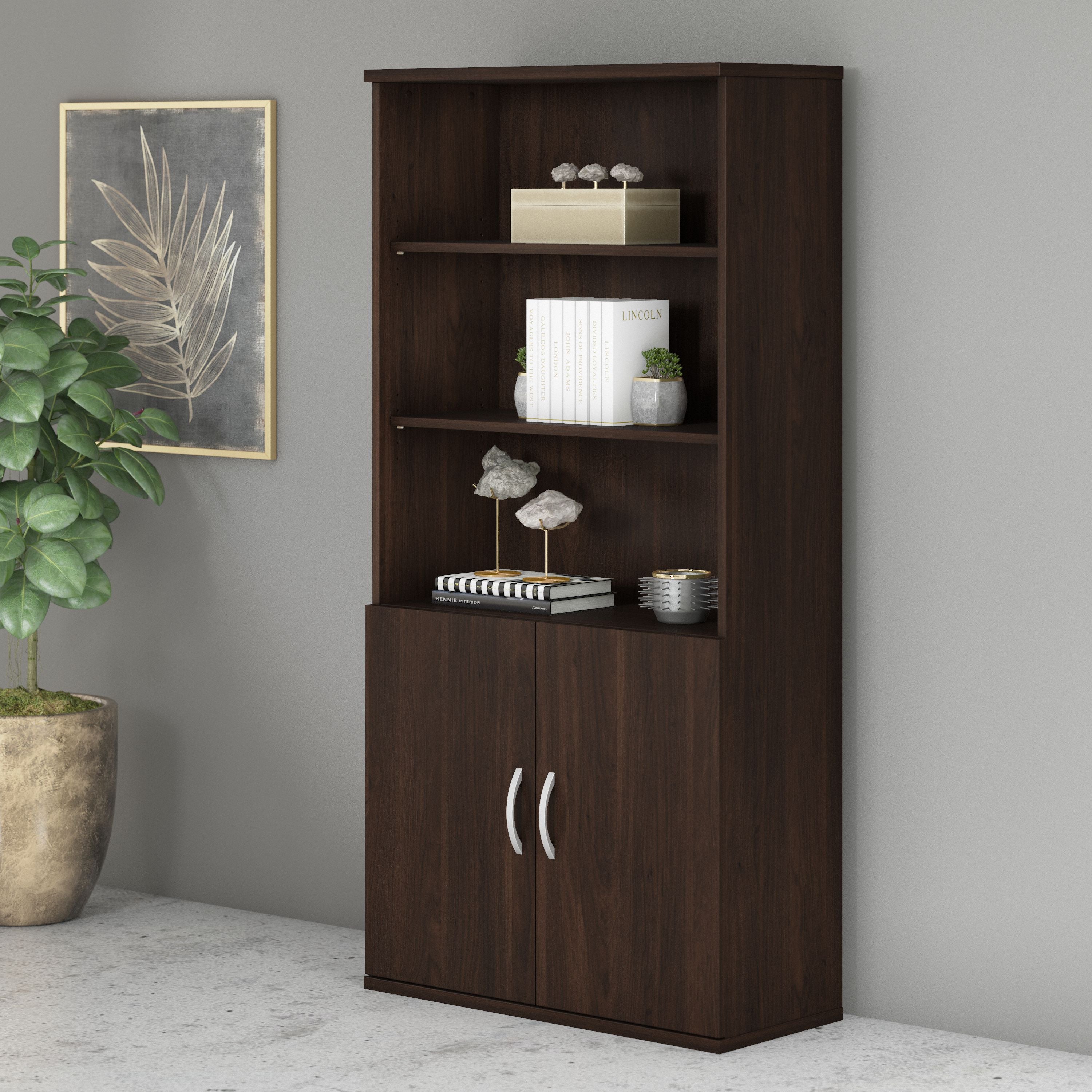 Bush Business Furniture Studio C Tall 5 Shelf Bookcase with Doors in Black Walnut - 35.71" Width x 15.43" Depth x 72.8" Height