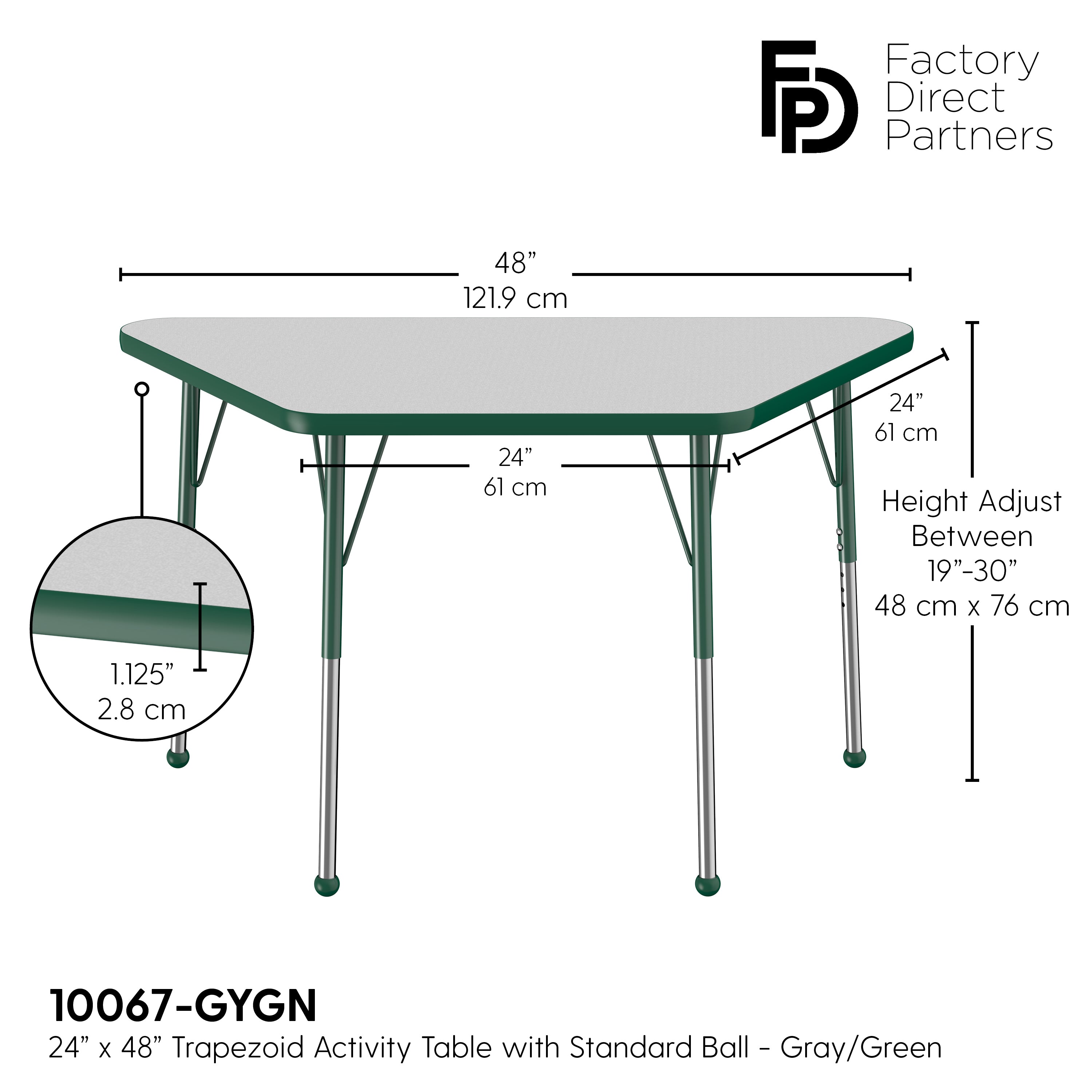 24" x 48" Trapezoid T-Molding Activity Table with Adjustable Standard Ball Glide Legs - Gray/Green