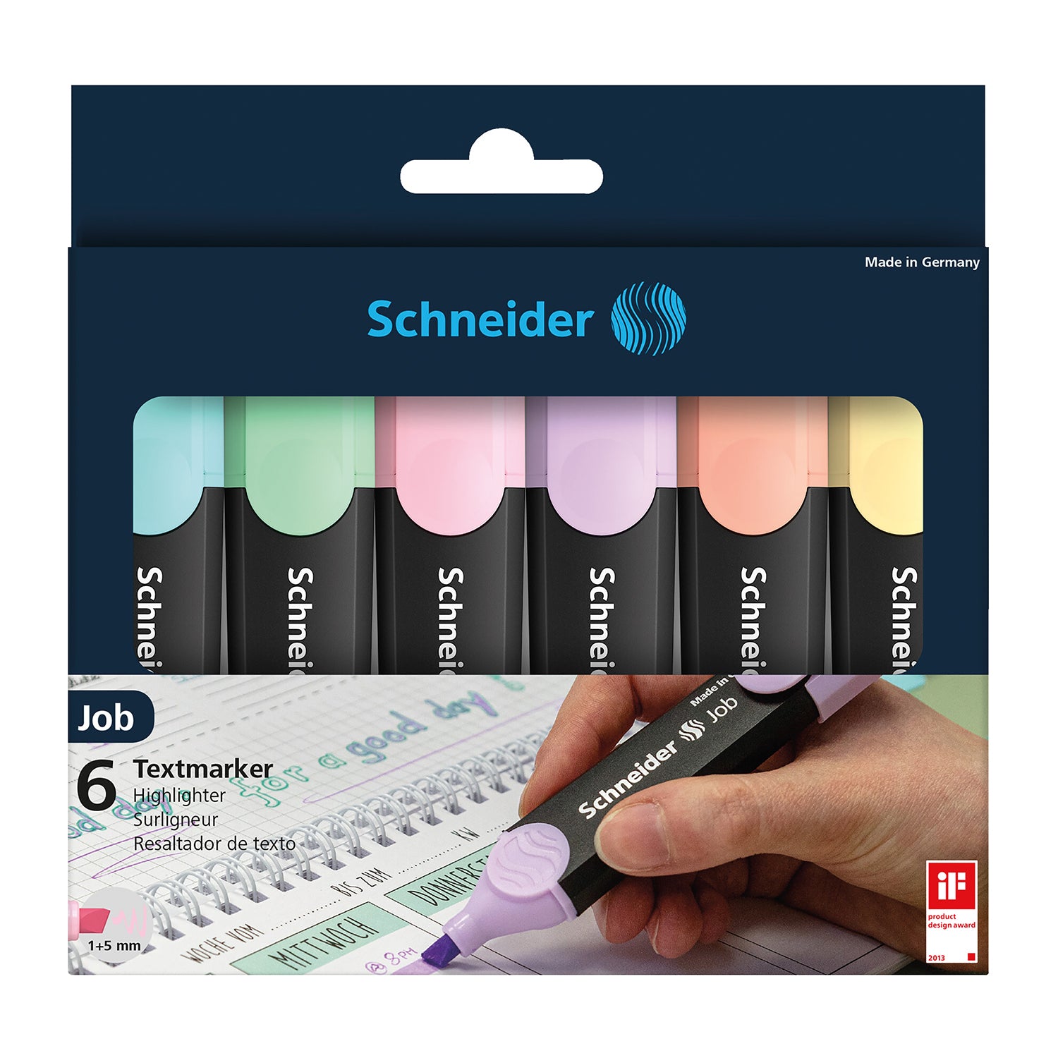 Job Pastel Highlighter, 1 + 5 mm Chisel Tip, 6 Assorted Ink Colors (Turquoise, Mint, Lavender, Light Pink, Peach, Vanilla)