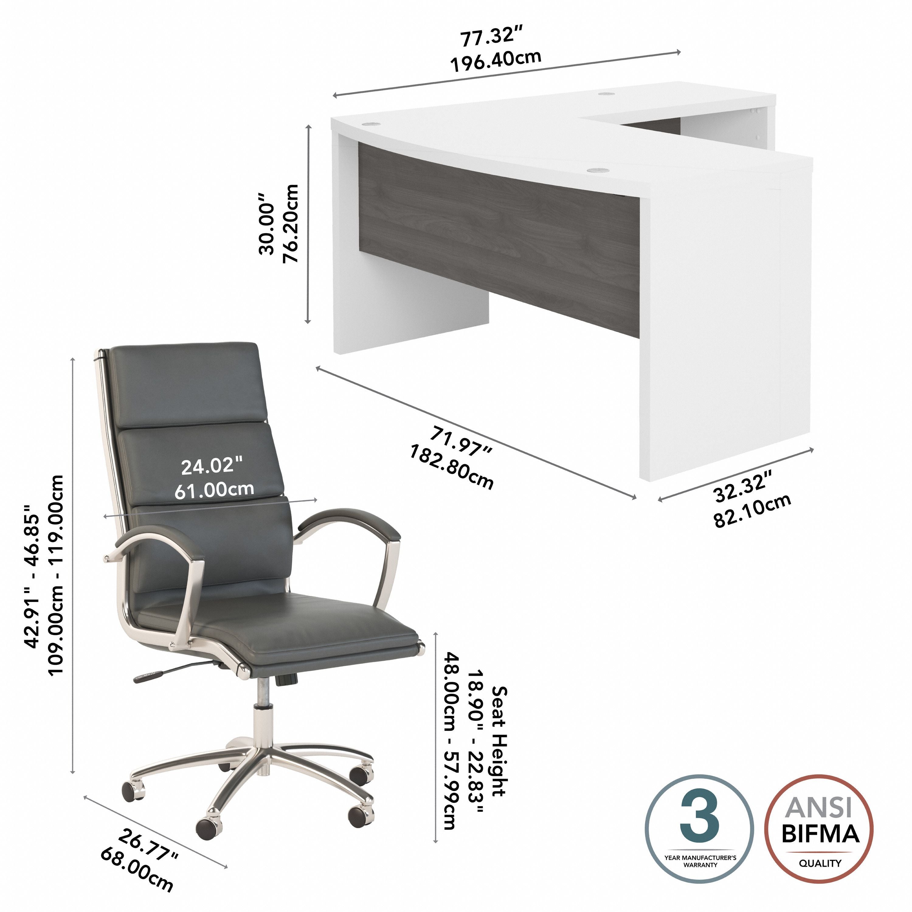 Bush Business Furniture Echo 72W Bow Front L Shaped Desk and Chair Set in Pure White and Modern Gray - 71.97" Width x 77.32" Depth x 42.91" Height
