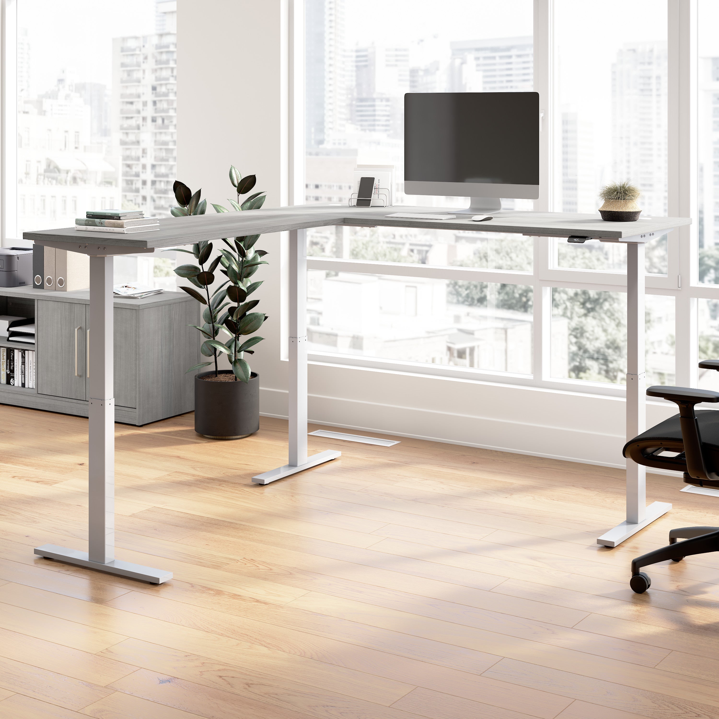 Bush Business Furniture Move 60 Series 72W Height Adjustable L Shaped Standing Desk in Platinum Gray with Metallic Gray Base - 71.02" Width x 76.97" Depth x 27.44" Height