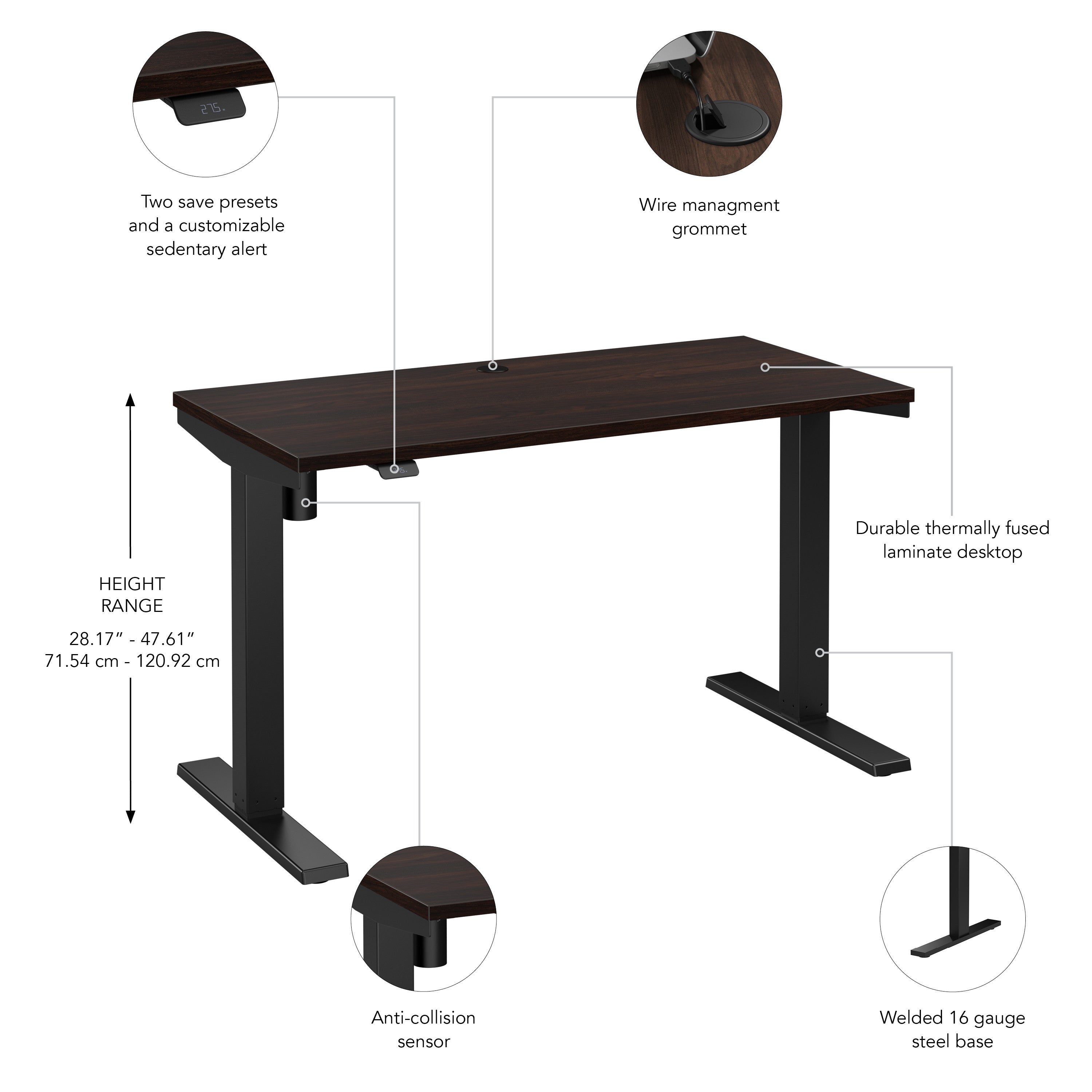 Bush Business Furniture Move 40 Series 48W x 24D Electric Height Adjustable Standing Desk in Black Walnut with Black Base - 47.6" Width x 23.35" Depth x 28.17" Height