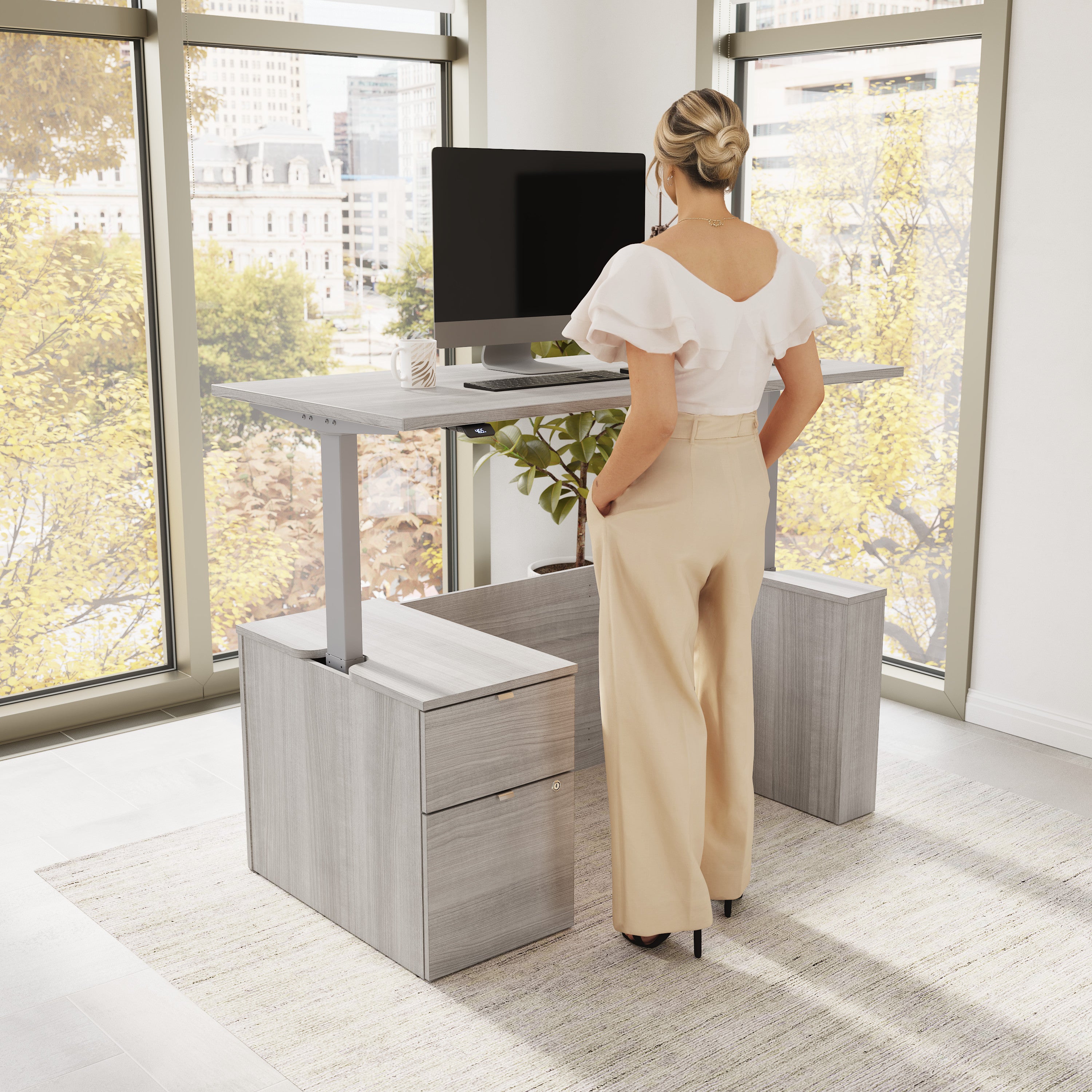 Bush Business Furniture Stratus&nbsp;60W x&nbsp;30D Eletric Height Adjustable Standing Desk with File Cabinet in Platinum Gray with Metallic Gray Base - 59.45" Width x 29.37" Depth x 27.44" Height