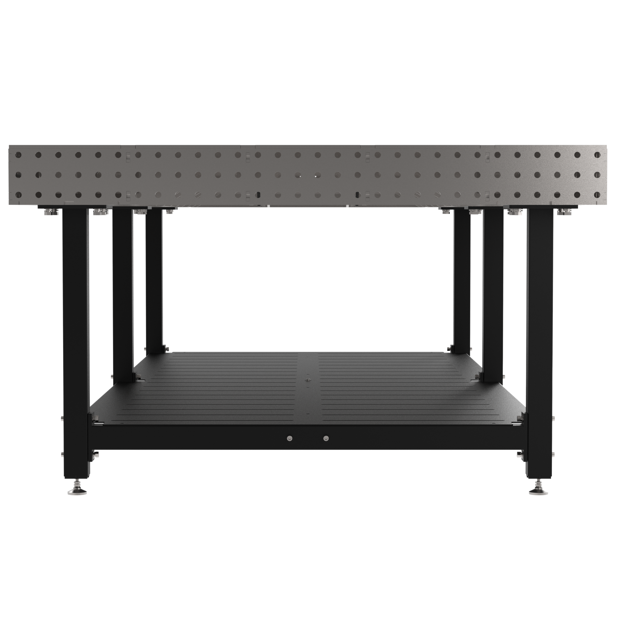 Welding Fixture Table, Fixed Height, 36"H x 120"L x 60"D, 1/4" Carbon Steel Top, Six Black Powdercoat Legs, Shelf, Self-Leveling Feet
