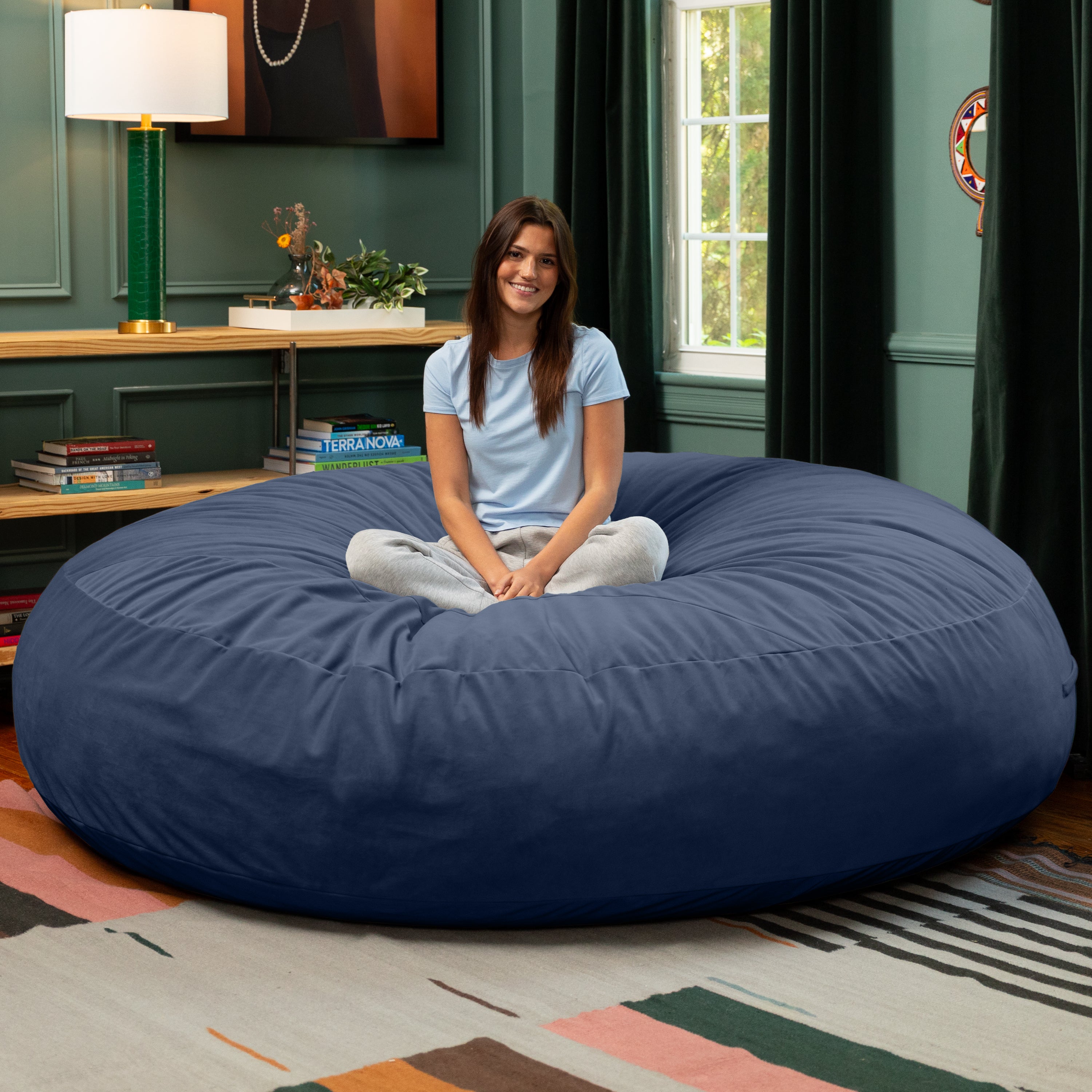 Jaxx 7 Foot Cocoon - 2-in-1 Convertible Bean Bag Bed & Large Bean Bag Chair for Adults, Lush Velvet Navy Blue