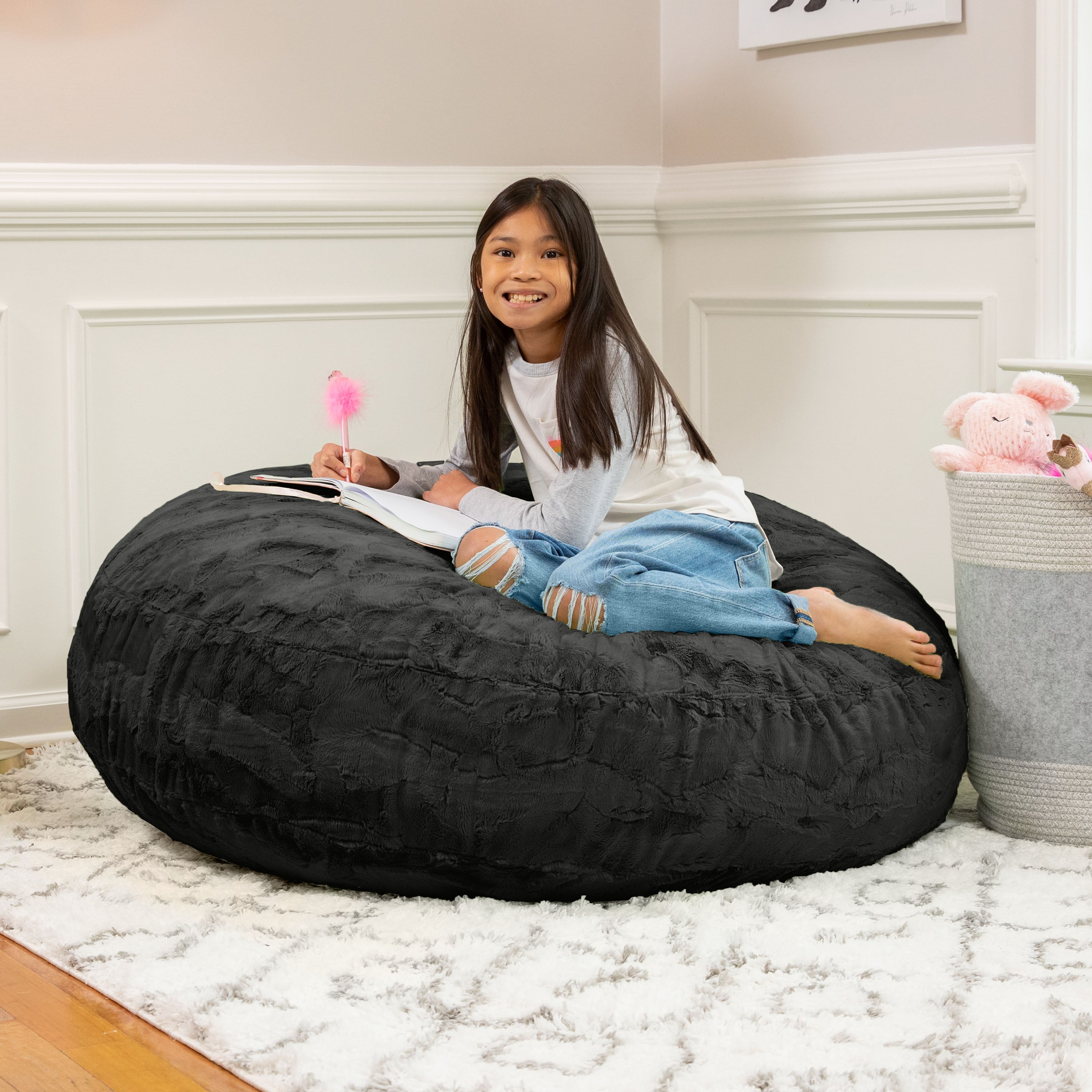 Jaxx Cocoon 4 Foot Bean Bag Chair - Faux Fur, Black