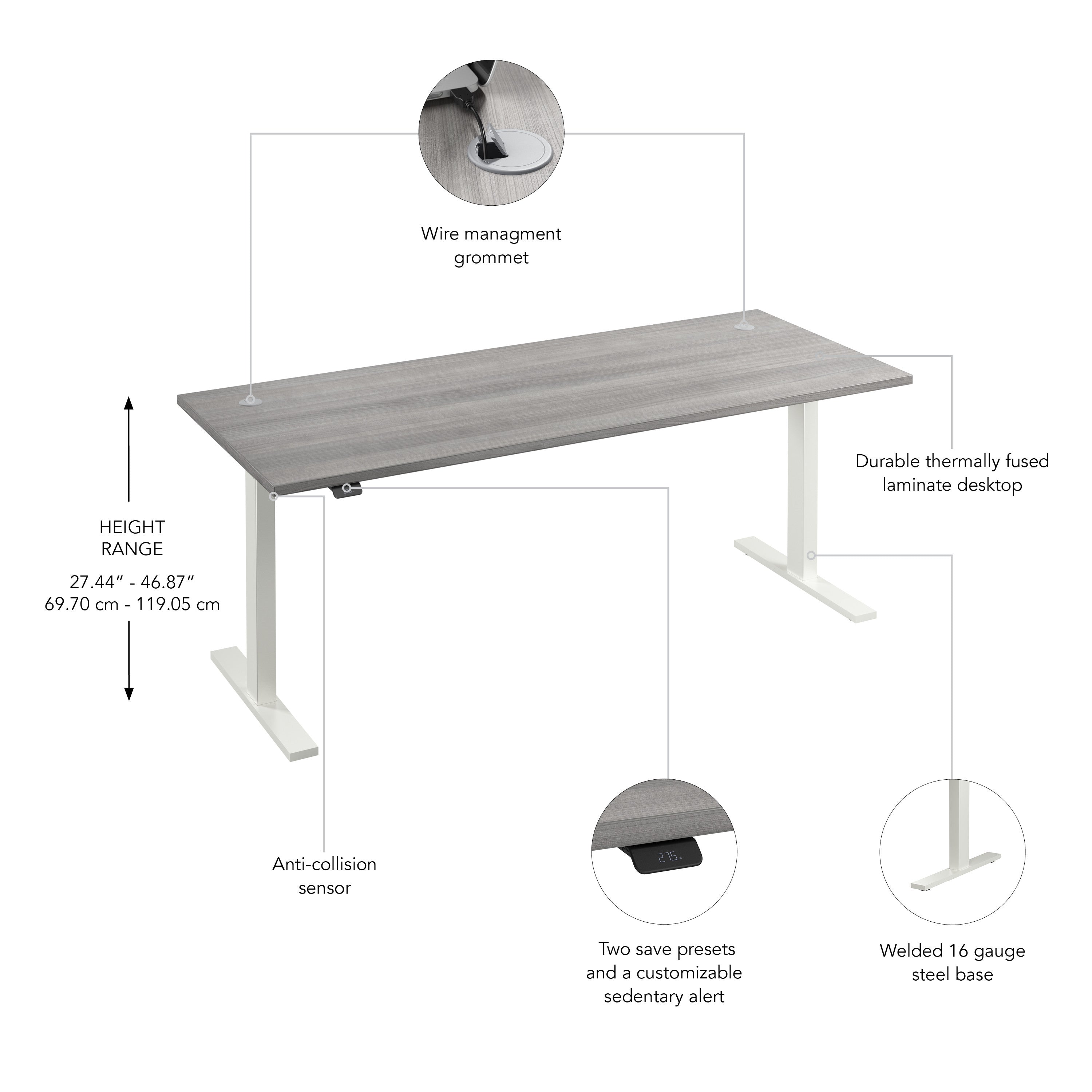 Bush Business Furniture Move 60 Series 72W x 30D Electric Height Adjustable Standing Desk in Platinum Gray with White Base - 71.02" Width x 29.37" Depth x 27.44" Height