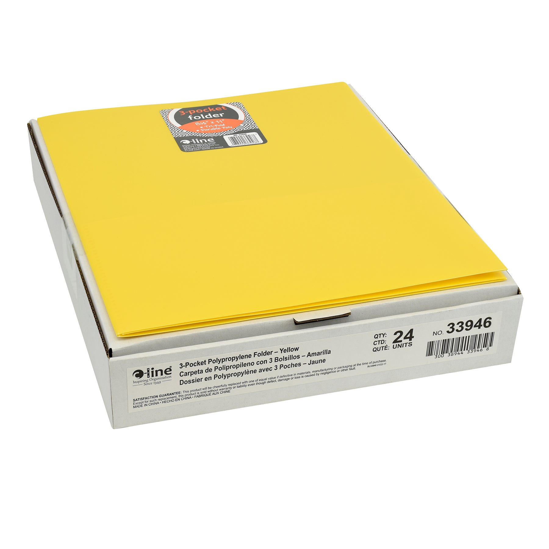 3-Pocket Poly Portfolio, Yellow, Box of 24