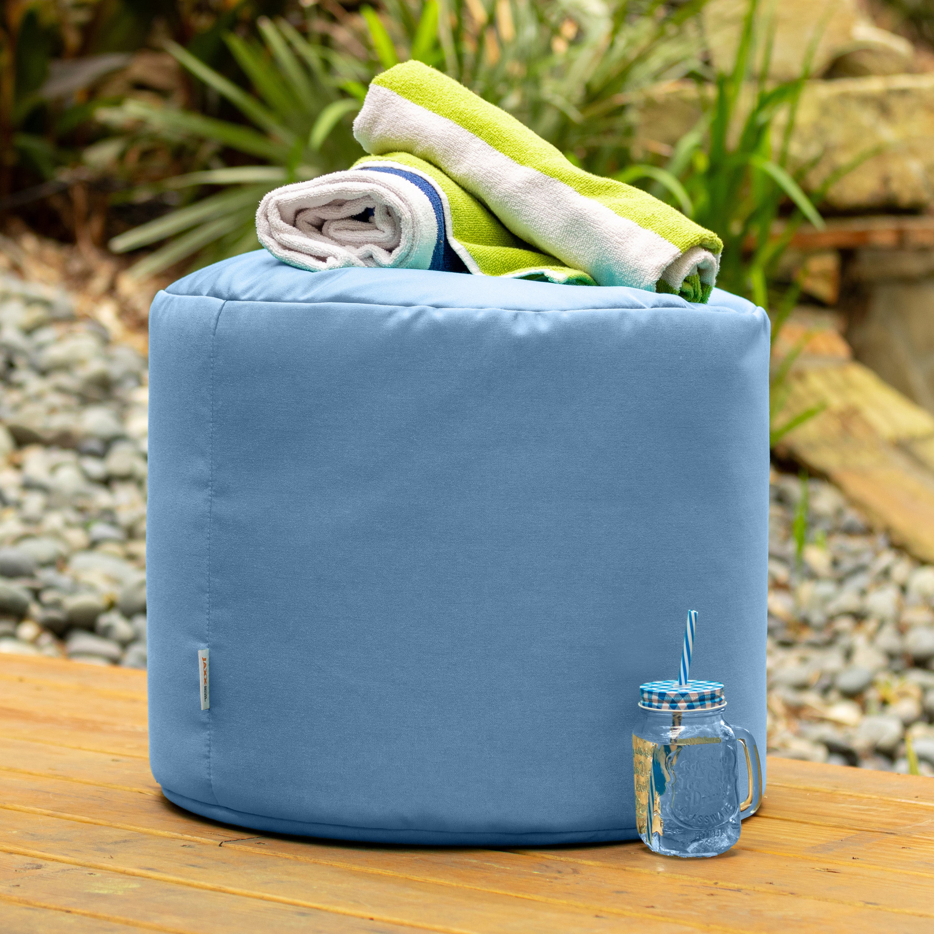 Jaxx Spring Indoor / Outdoor Bean Bag Pouf Ottoman, Sunbrella Ocean