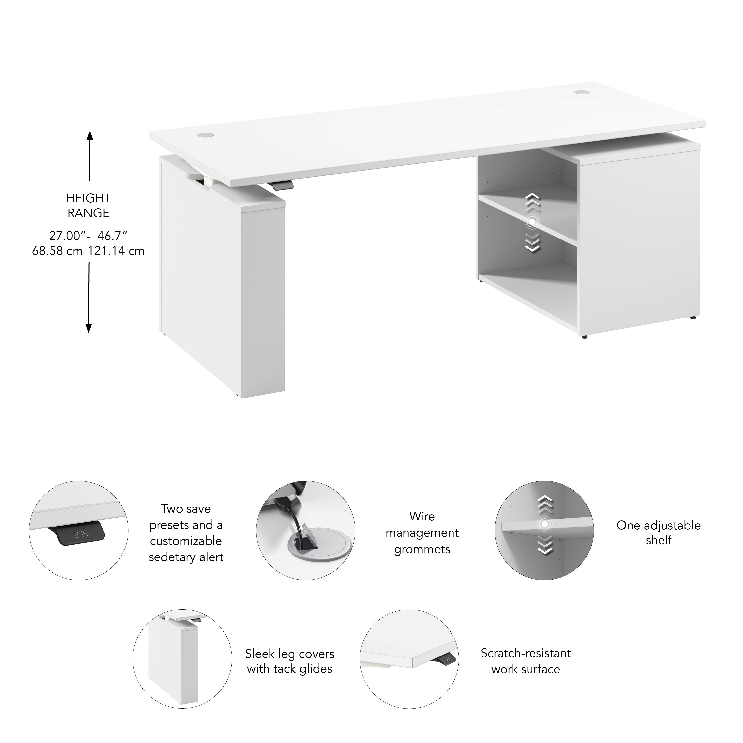 Bush Business Furniture Stratus&nbsp;72W x&nbsp;30D Electric Height Adjustable Standing Desk with Bookcase in White with White Base - 71.02" Width x 29.37" Depth x 27.44" Height