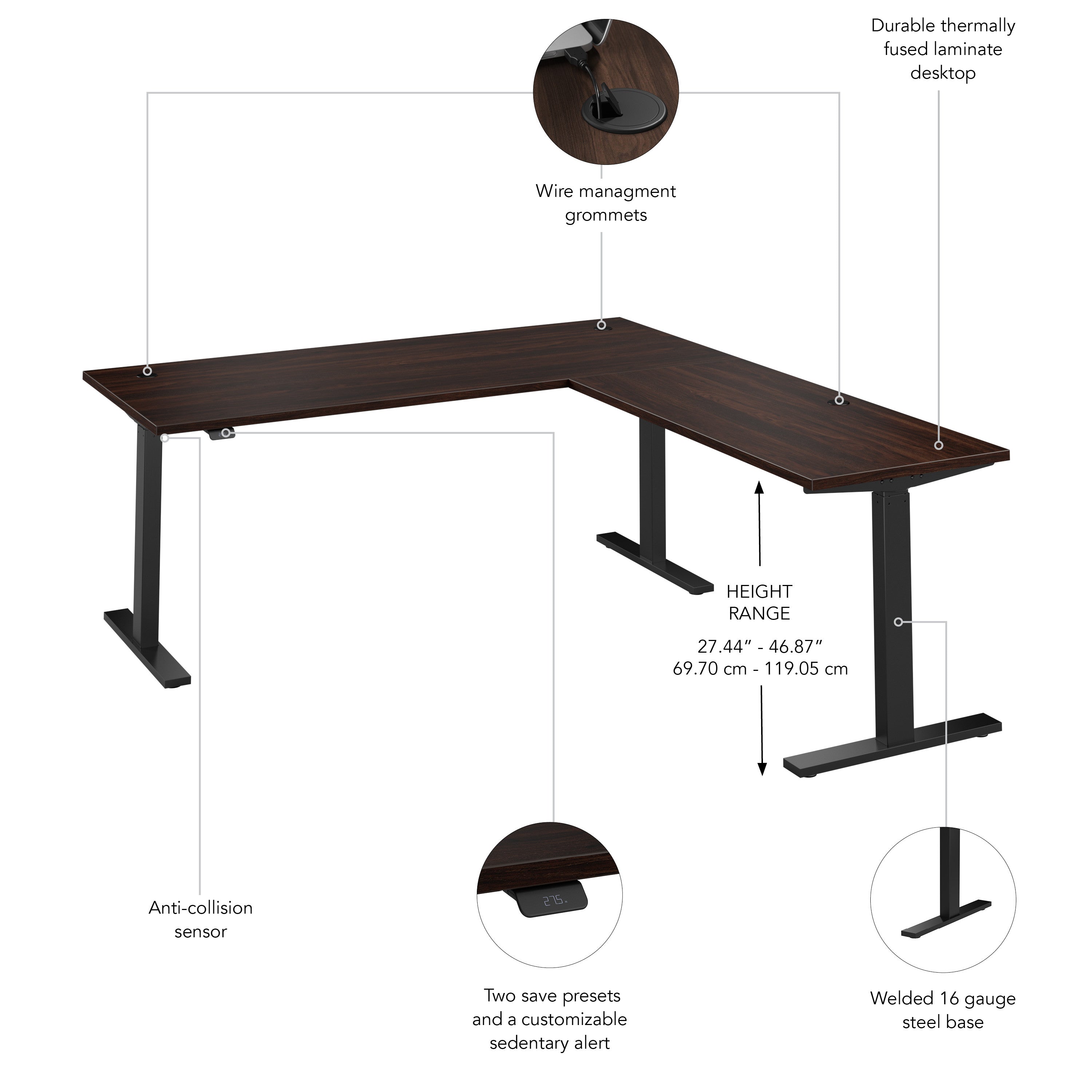 Bush Business Furniture Move 60 Series 72W Height Adjustable L Shaped Standing Desk in Black Walnut with Black Base - 71.02" Width x 76.97" Depth x 27.44" Height
