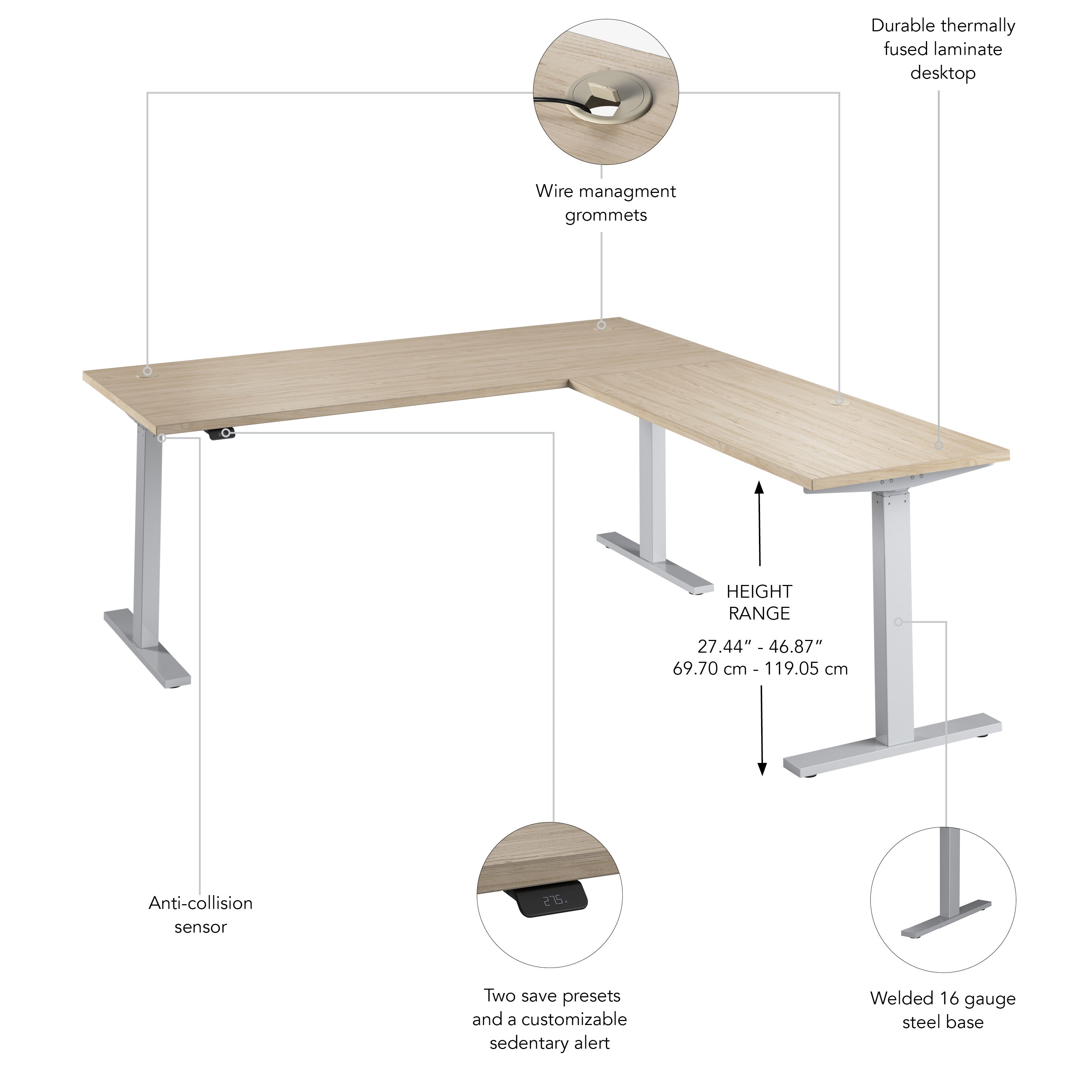 Bush Business Furniture Move 60 Series 72W Height Adjustable L Shaped Standing Desk in Natural Elm with Metallic Gray Base - 71.02" Width x 76.97" Depth x 27.44" Height