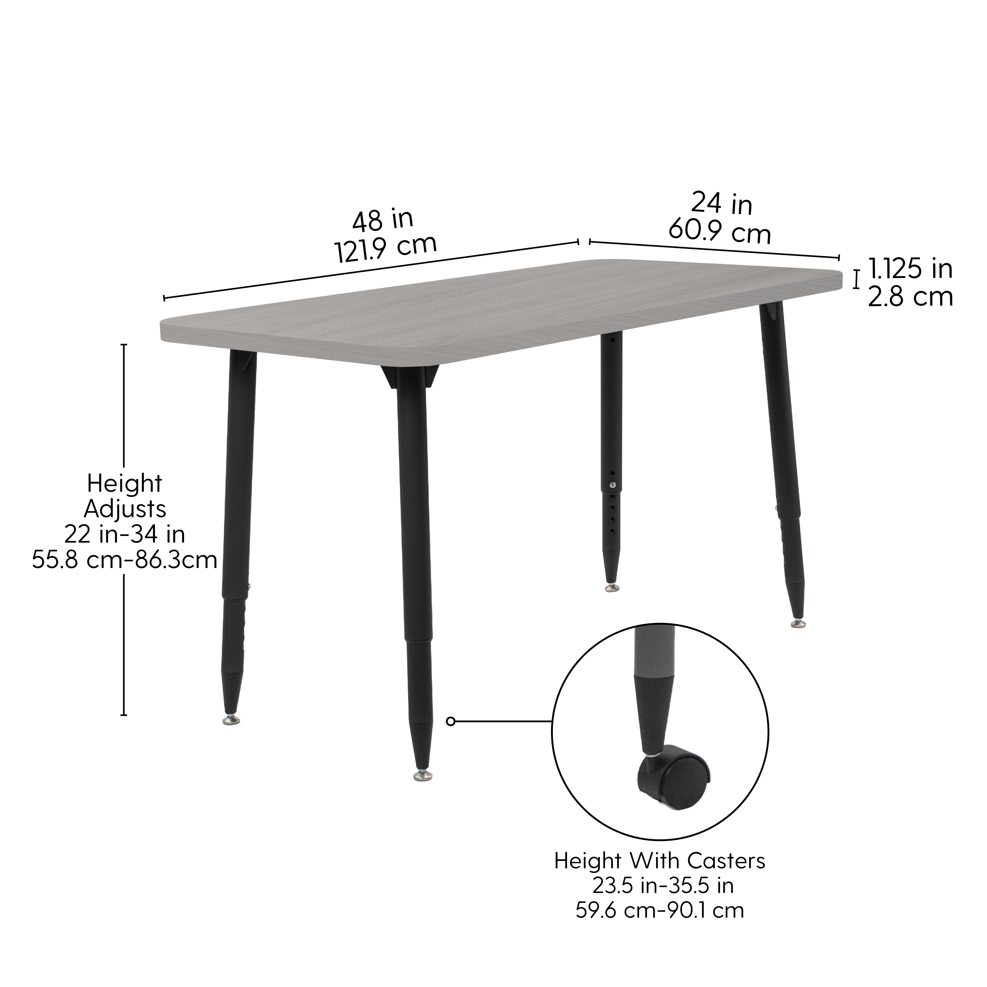 Adapte 24" x 48" Rectangle Woodgrain Activity Table with Adjustable Tapered Legs - Light Gray Wood/Black