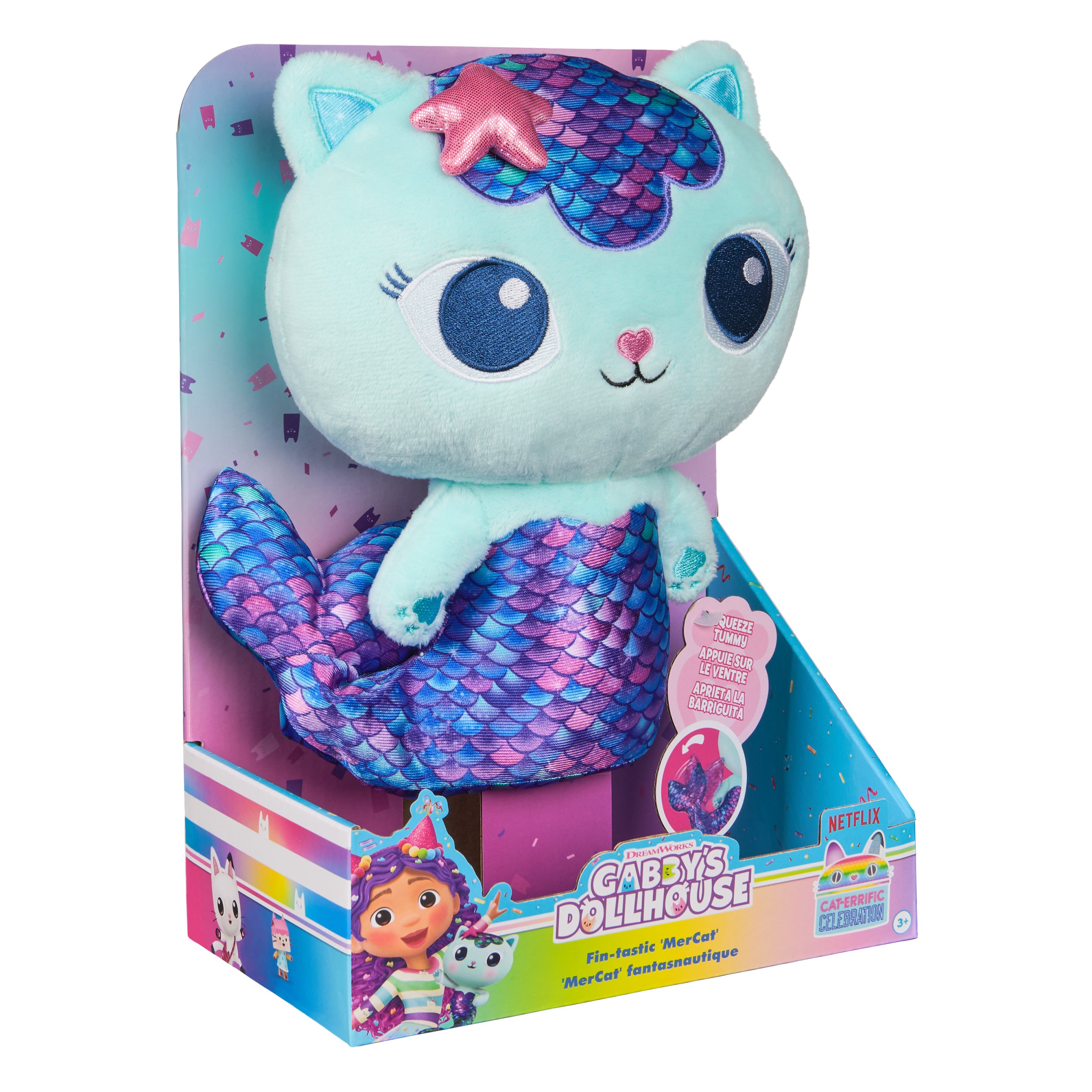 Gabby’s Dollhouse, Fin-Tastic MerCat, Premium Plush Toy, 10-Inch Tall Stuffed Animal with Moving Mermaid Tail, Kids Toys for Girls & Boys Ages 3+
