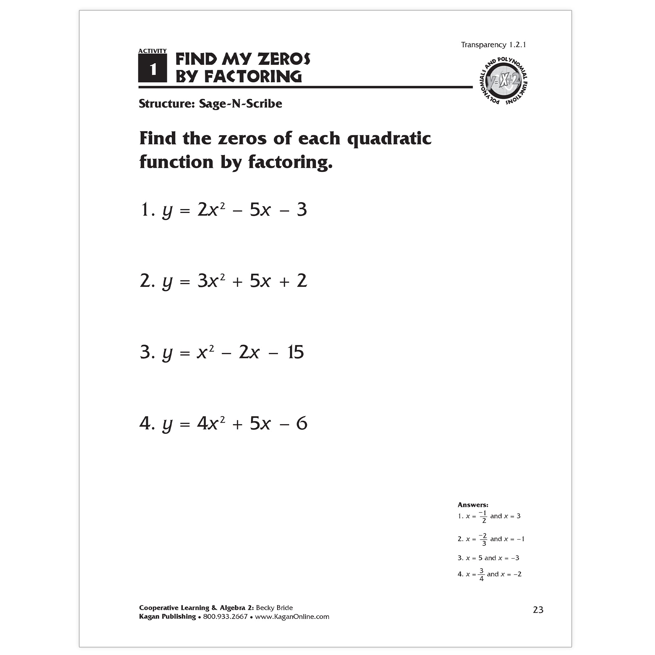 Cooperative Learning & Algebra 2 Secondary Activities Book, Grade 9-12