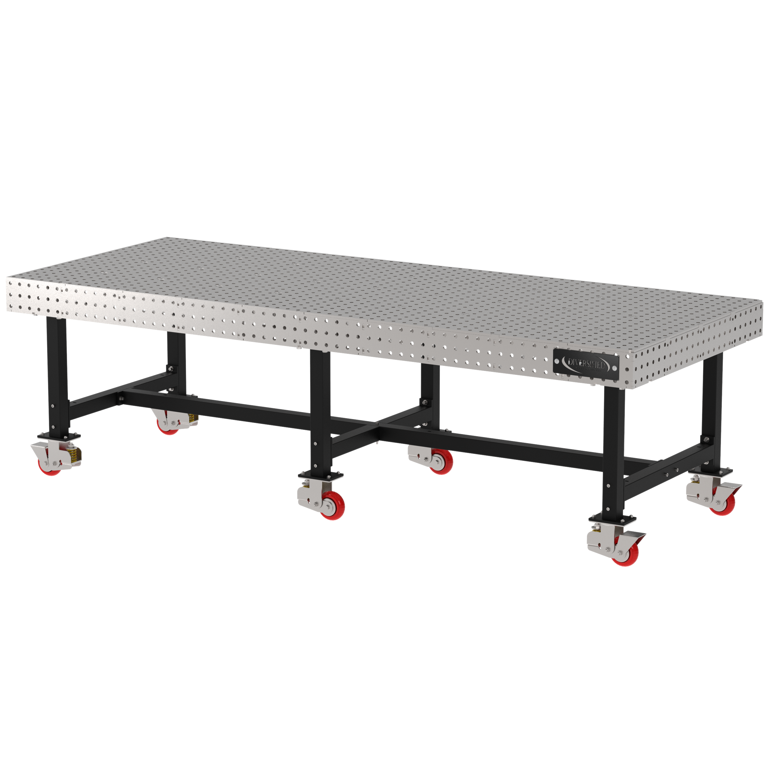 Welding Fixture Table, Fixed Height, 36"H x 120"L x 48"D, 1/4" Carbon Steel Top, Six Black Powdercoat Legs, 6 Heavy Duty Suspension Casters (4 Locking/Swiveling Casters and 2 Non-Locking/Non-SwivelingCasters)