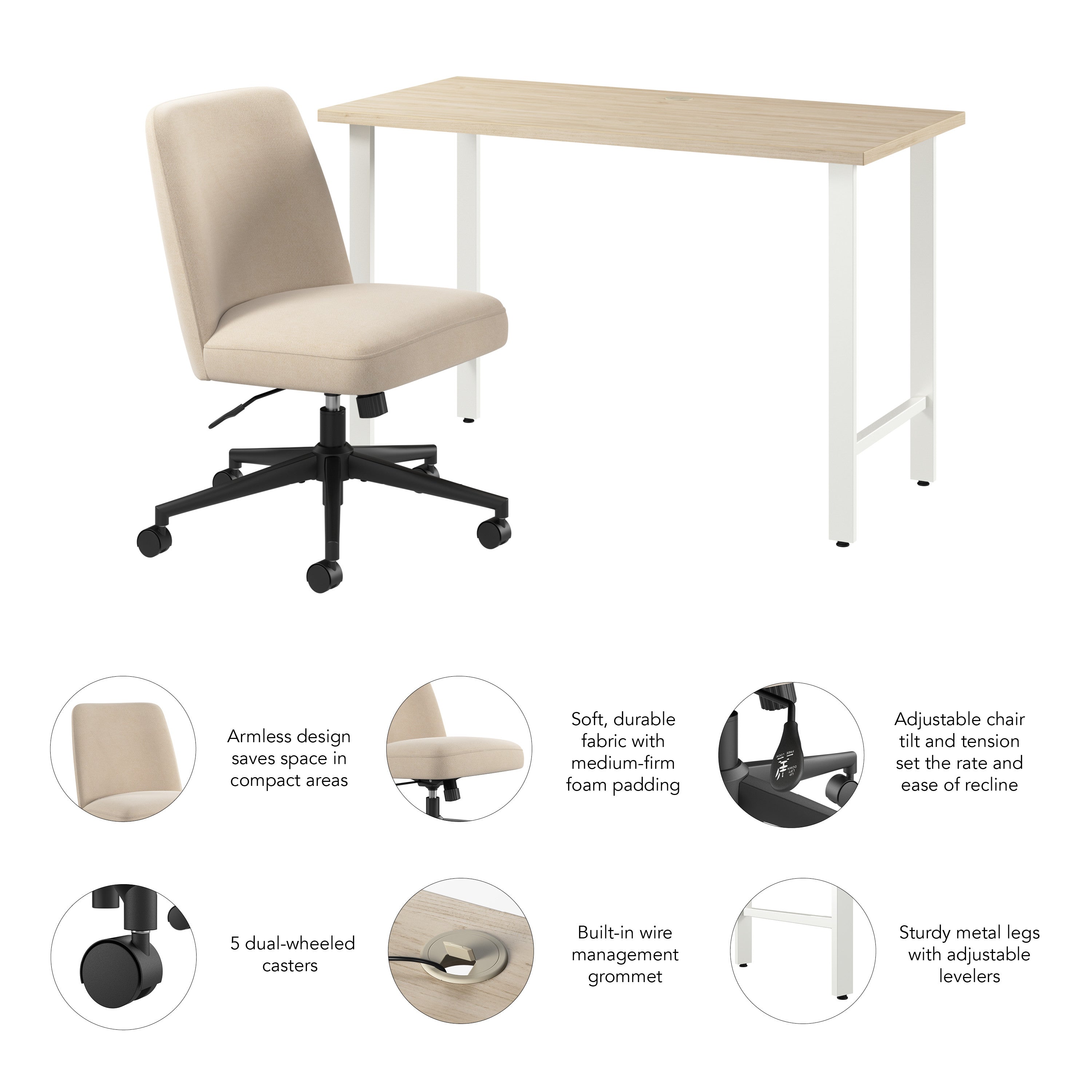 Bush Home Hustle 48W x 24D Computer Desk and Chair Set in Natural Elm - 47.59" Width x 23.34" Depth x 31.1" Height